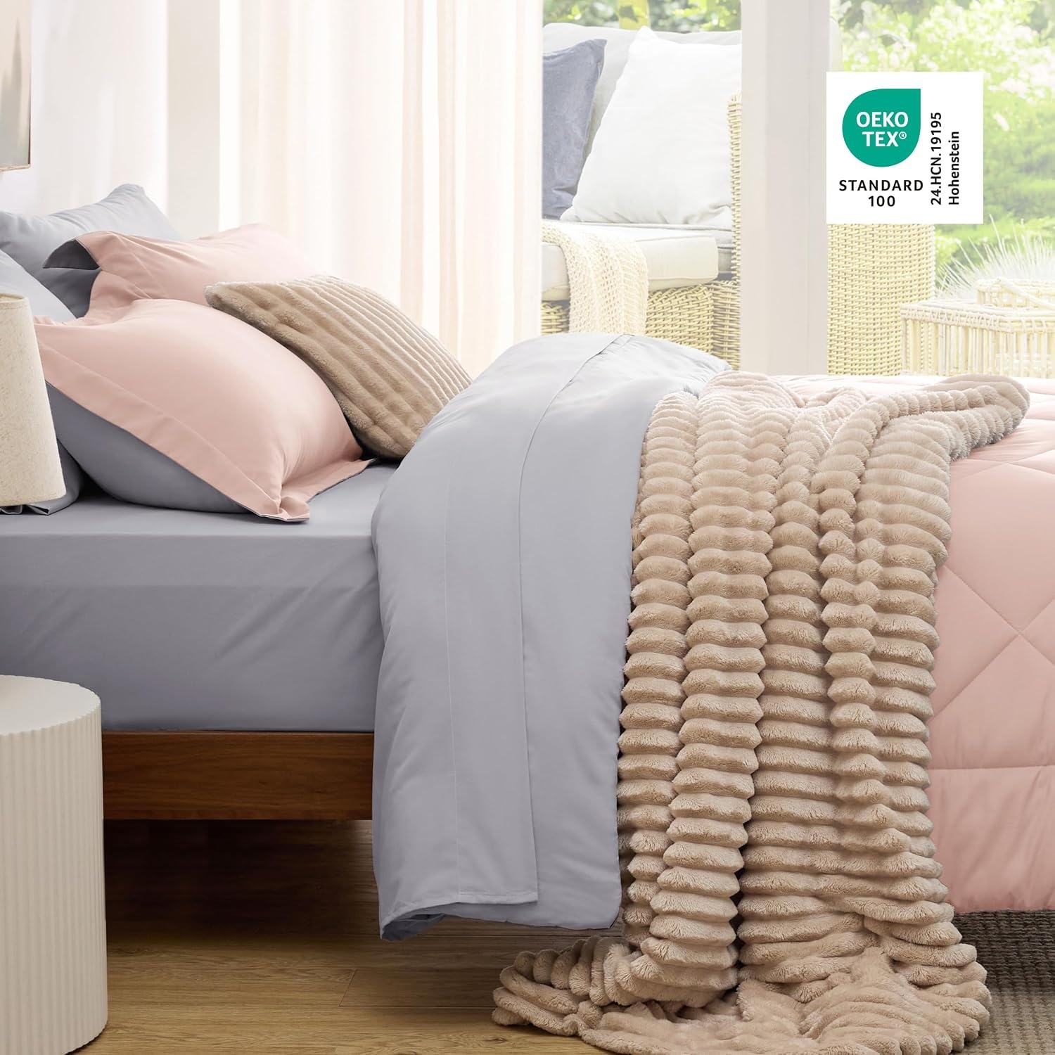 image:imageBedsure Twin XL Comforter 5 Pieces Reversible Blush Pink Bed in a Bag Twin XL Bedding Comforter Set College Dorm Essentials with 1 Flat Sheet 1 Fitted Sheet 1 Pillowcase and 1 Pillow Sham20 Blush PinkLight Grey