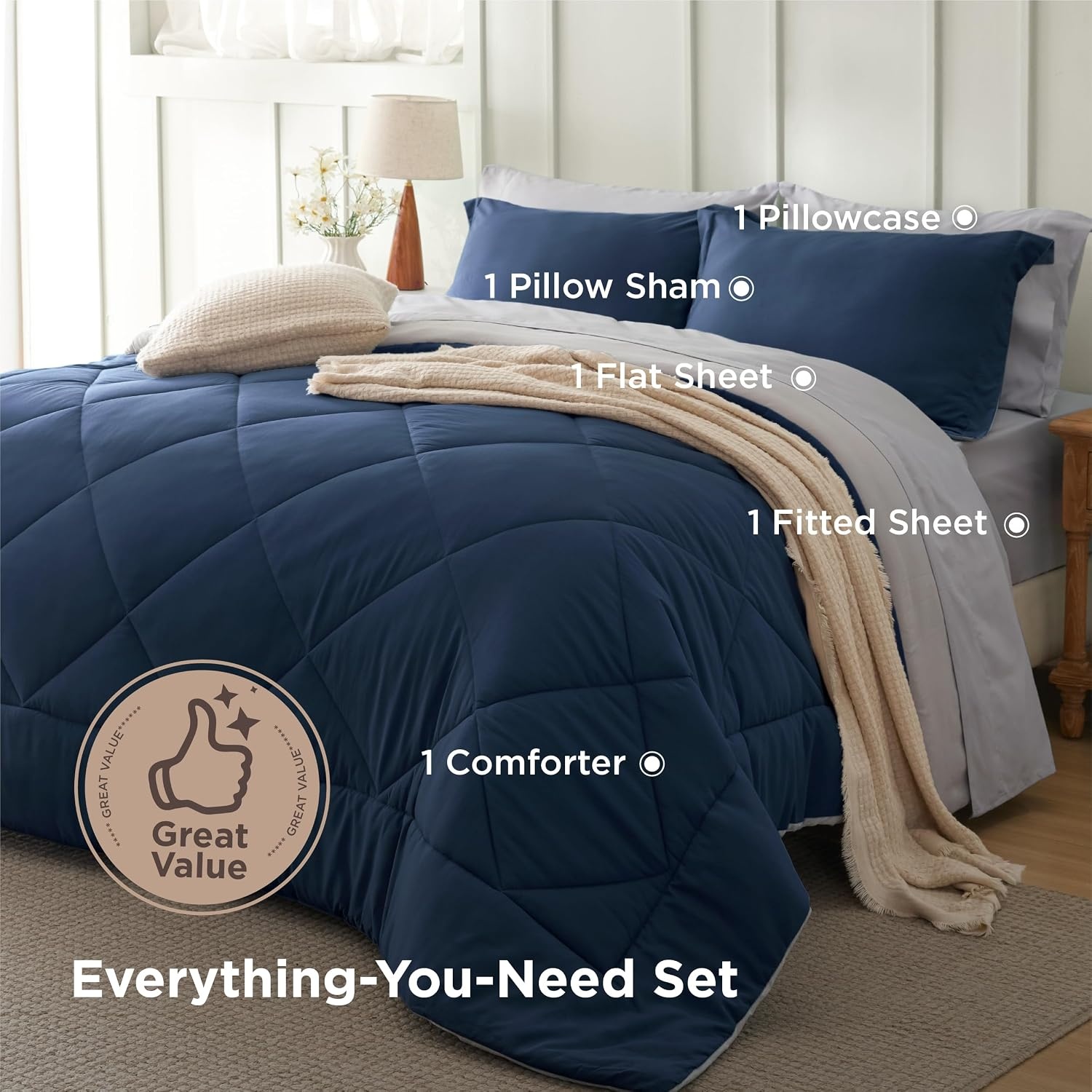 image:imageBedsure Twin XL Comforter 5 Pieces Reversible Blush Pink Bed in a Bag Twin XL Bedding Comforter Set College Dorm Essentials with 1 Flat Sheet 1 Fitted Sheet 1 Pillowcase and 1 Pillow Sham02 NavySilver Grey