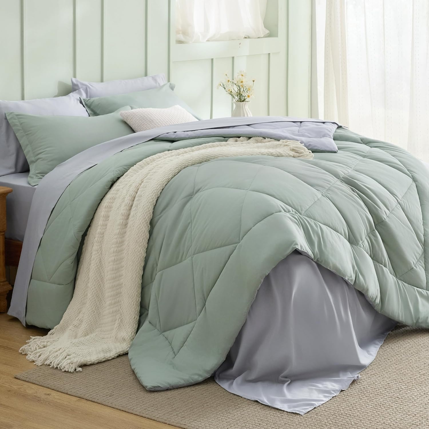 image:imageBedsure Twin XL Comforter 5 Pieces Reversible Blush Pink Bed in a Bag Twin XL Bedding Comforter Set College Dorm Essentials with 1 Flat Sheet 1 Fitted Sheet 1 Pillowcase and 1 Pillow Sham11 Sage GreenLight Grey