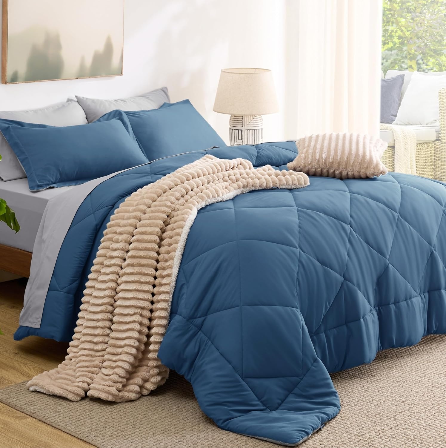 image:imageBedsure Twin XL Comforter 5 Pieces Reversible Blush Pink Bed in a Bag Twin XL Bedding Comforter Set College Dorm Essentials with 1 Flat Sheet 1 Fitted Sheet 1 Pillowcase and 1 Pillow Sham12 Slate BlueLight Grey