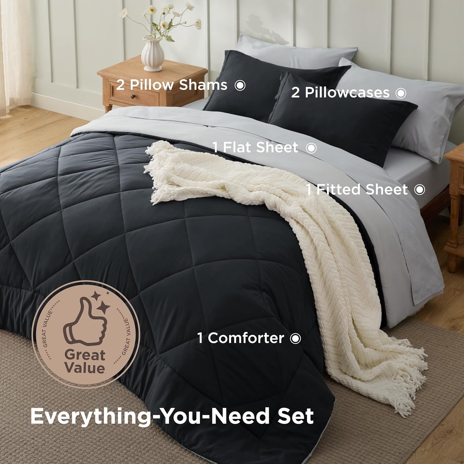 image:imageBedsure Twin XL Comforter 5 Pieces Reversible Blush Pink Bed in a Bag Twin XL Bedding Comforter Set College Dorm Essentials with 1 Flat Sheet 1 Fitted Sheet 1 Pillowcase and 1 Pillow Sham03 BlackSilver Grey