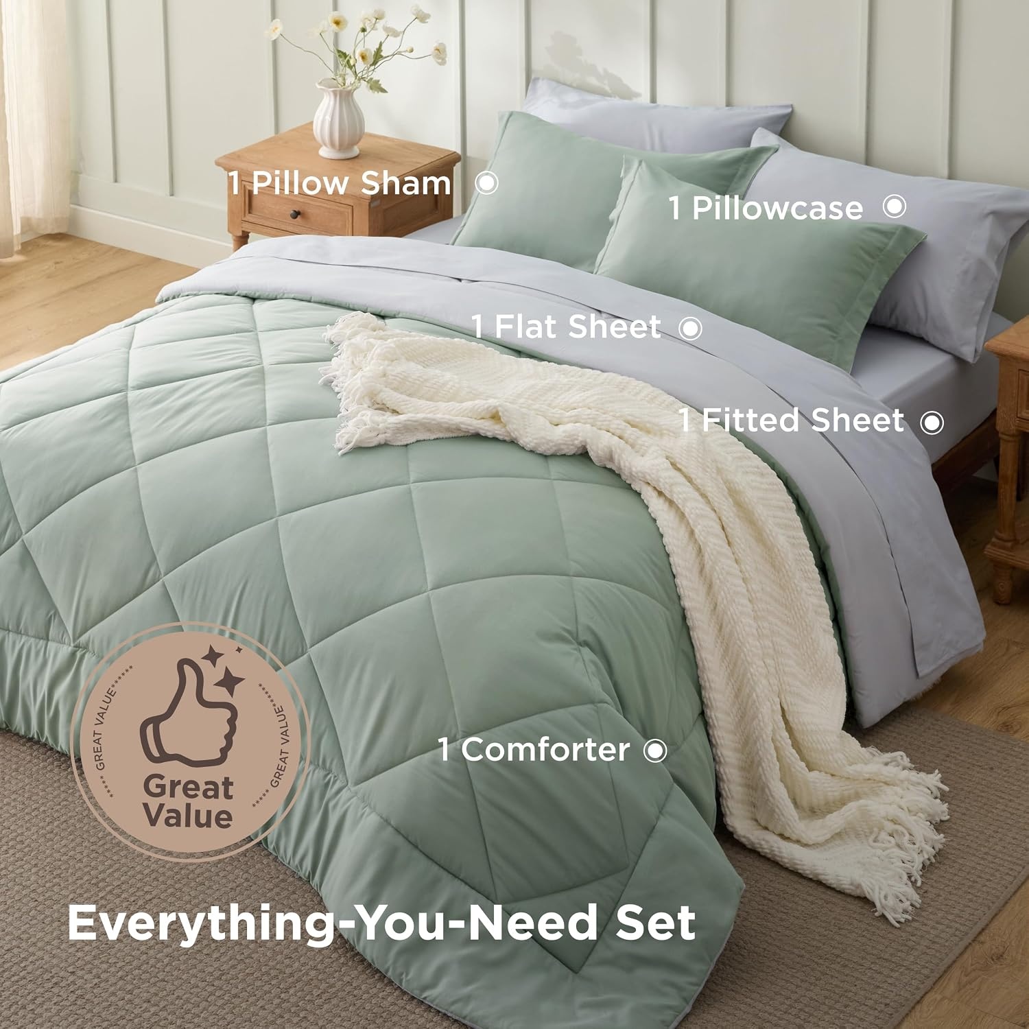 image:imageBedsure Twin XL Comforter 5 Pieces Reversible Blush Pink Bed in a Bag Twin XL Bedding Comforter Set College Dorm Essentials with 1 Flat Sheet 1 Fitted Sheet 1 Pillowcase and 1 Pillow Sham11 Sage GreenLight Grey