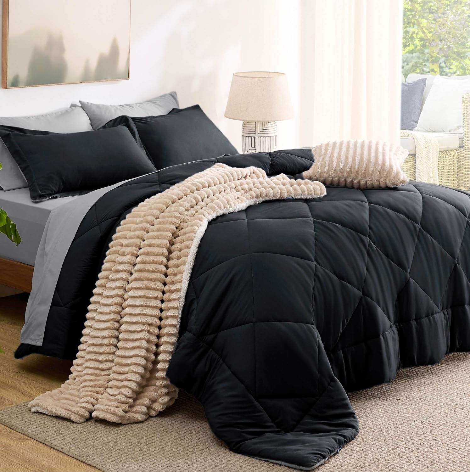 image:imageBedsure Twin XL Comforter 5 Pieces Reversible Blush Pink Bed in a Bag Twin XL Bedding Comforter Set College Dorm Essentials with 1 Flat Sheet 1 Fitted Sheet 1 Pillowcase and 1 Pillow Sham14 Dark BlackSilver Grey