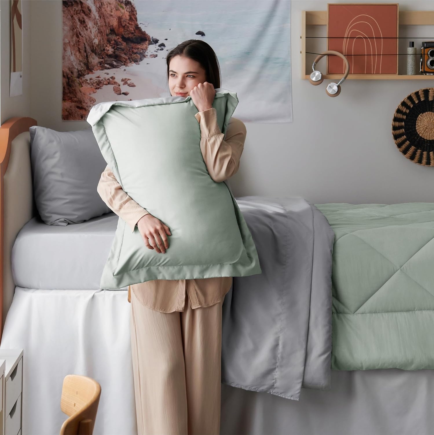 image:imageBedsure Twin XL Comforter 5 Pieces Reversible Blush Pink Bed in a Bag Twin XL Bedding Comforter Set College Dorm Essentials with 1 Flat Sheet 1 Fitted Sheet 1 Pillowcase and 1 Pillow Sham11 Sage GreenLight Grey