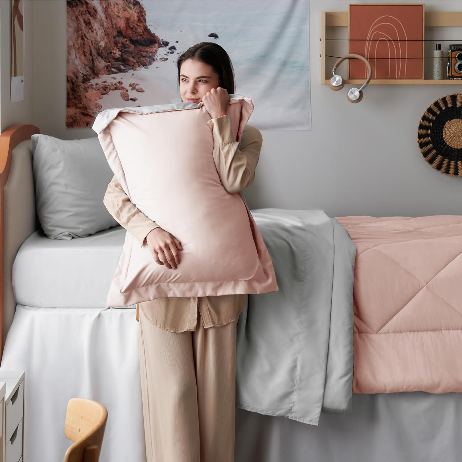 image:imageBedsure Twin XL Comforter 5 Pieces Reversible Blush Pink Bed in a Bag Twin XL Bedding Comforter Set College Dorm Essentials with 1 Flat Sheet 1 Fitted Sheet 1 Pillowcase and 1 Pillow Sham20 Blush PinkLight Grey