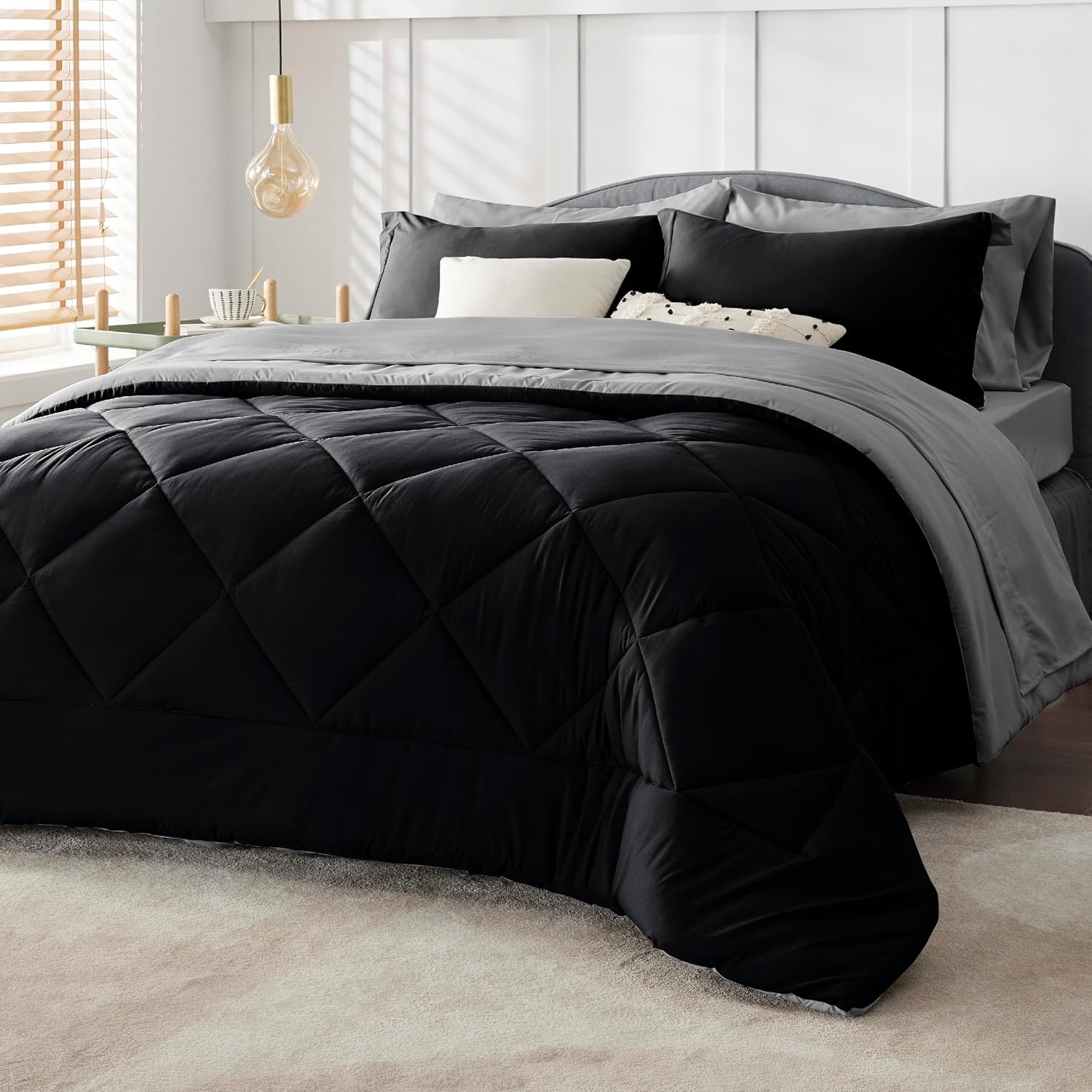image:imageBedsure Twin XL Comforter 5 Pieces Reversible Blush Pink Bed in a Bag Twin XL Bedding Comforter Set College Dorm Essentials with 1 Flat Sheet 1 Fitted Sheet 1 Pillowcase and 1 Pillow Sham03 BlackSilver Grey