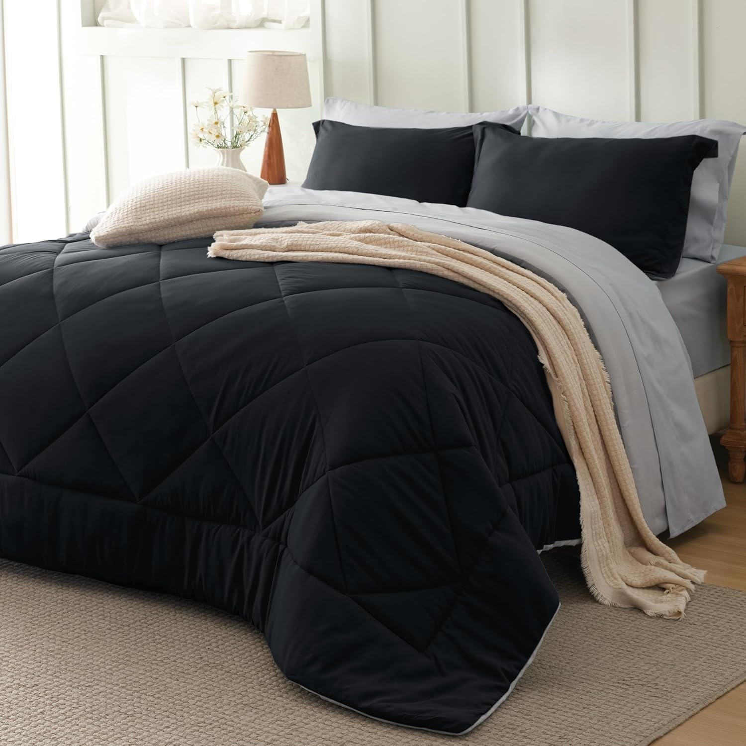 image:imageBedsure Twin XL Comforter 5 Pieces Reversible Blush Pink Bed in a Bag Twin XL Bedding Comforter Set College Dorm Essentials with 1 Flat Sheet 1 Fitted Sheet 1 Pillowcase and 1 Pillow Sham03 BlackSilver Grey