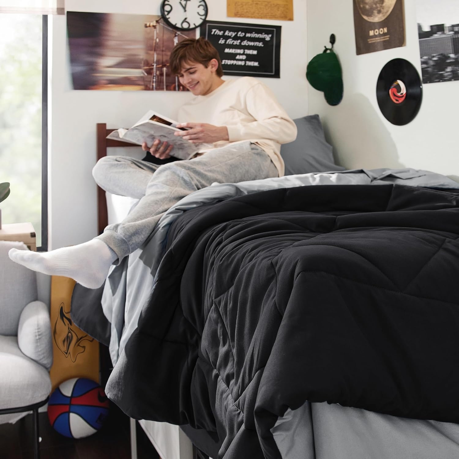 image:imageBedsure Twin XL Comforter 5 Pieces Reversible Blush Pink Bed in a Bag Twin XL Bedding Comforter Set College Dorm Essentials with 1 Flat Sheet 1 Fitted Sheet 1 Pillowcase and 1 Pillow Sham03 BlackSilver Grey