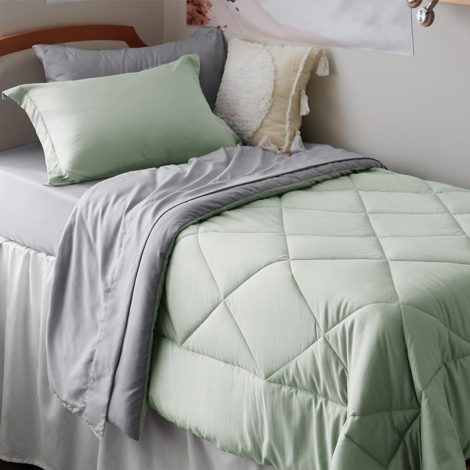 image:imageBedsure Twin XL Comforter 5 Pieces Reversible Blush Pink Bed in a Bag Twin XL Bedding Comforter Set College Dorm Essentials with 1 Flat Sheet 1 Fitted Sheet 1 Pillowcase and 1 Pillow Sham11 Sage GreenLight Grey