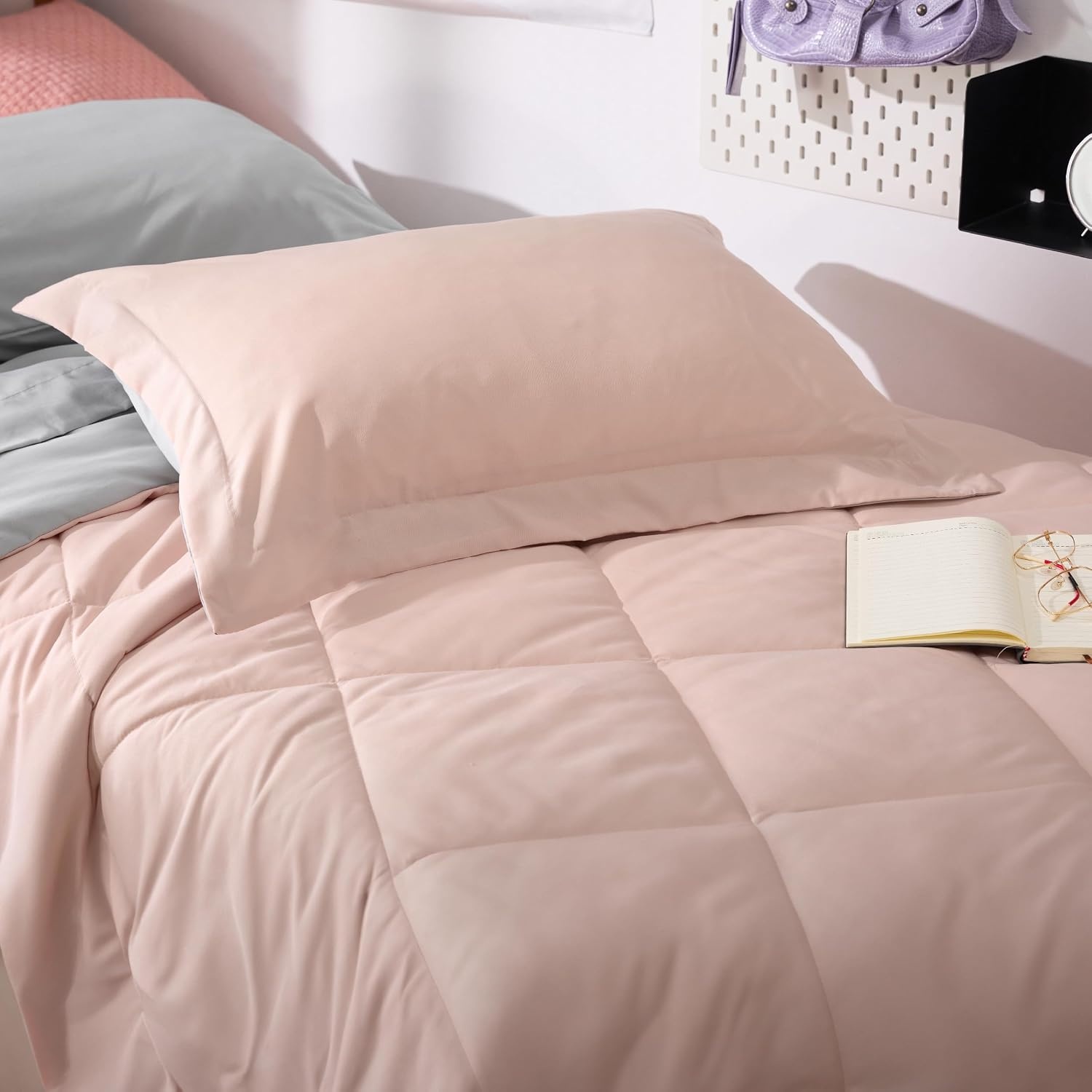 image:imageBedsure Twin XL Comforter 5 Pieces Reversible Blush Pink Bed in a Bag Twin XL Bedding Comforter Set College Dorm Essentials with 1 Flat Sheet 1 Fitted Sheet 1 Pillowcase and 1 Pillow Sham20 Blush PinkLight Grey