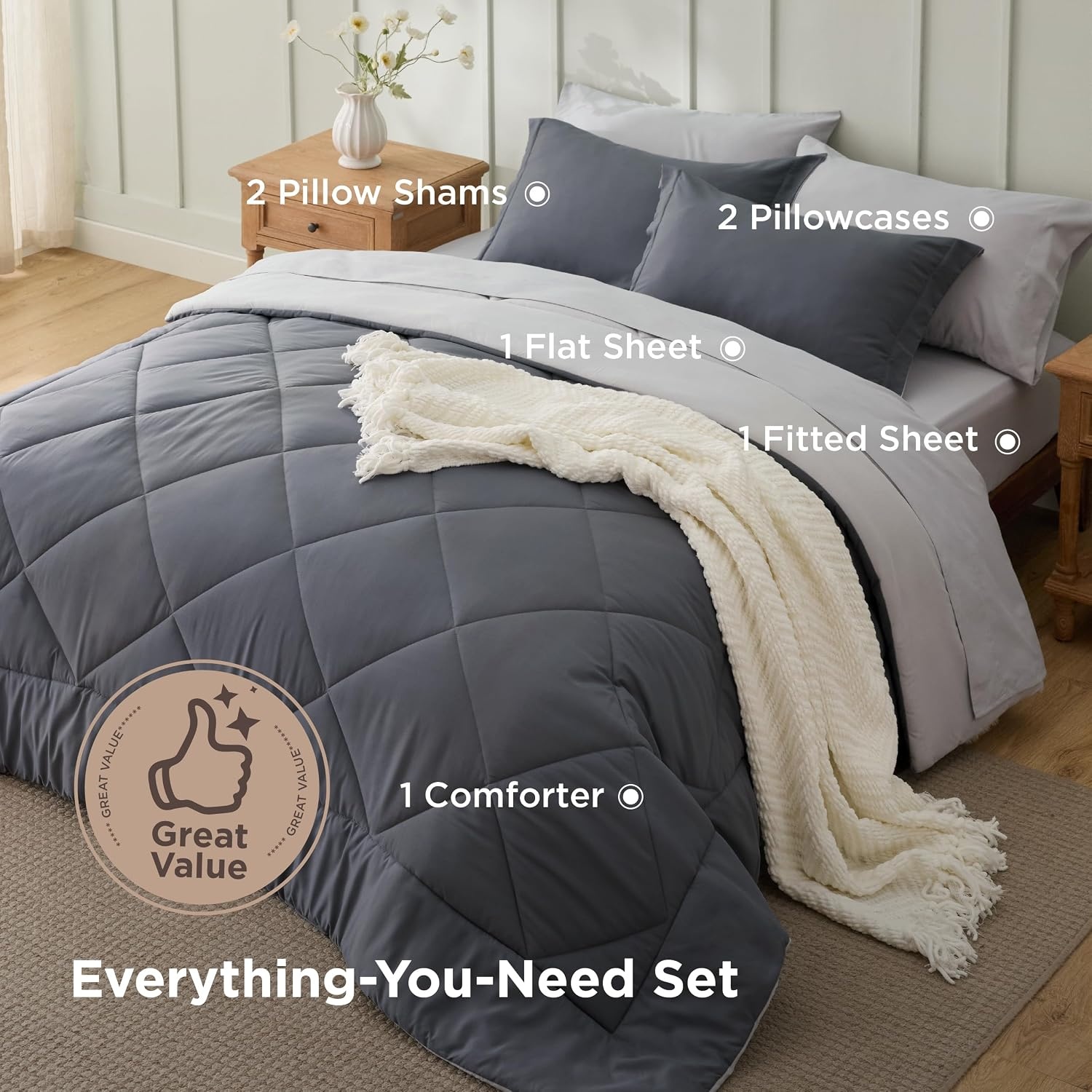 image:imageBedsure Twin XL Comforter 5 Pieces Reversible Blush Pink Bed in a Bag Twin XL Bedding Comforter Set College Dorm Essentials with 1 Flat Sheet 1 Fitted Sheet 1 Pillowcase and 1 Pillow Sham04 Dark GreyLight Grey
