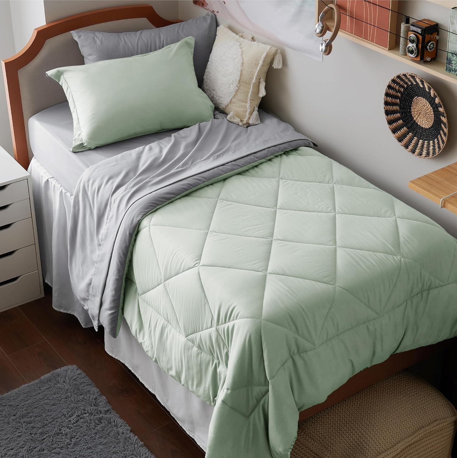 image:imageBedsure Twin XL Comforter 5 Pieces Reversible Blush Pink Bed in a Bag Twin XL Bedding Comforter Set College Dorm Essentials with 1 Flat Sheet 1 Fitted Sheet 1 Pillowcase and 1 Pillow Sham11 Sage GreenLight Grey