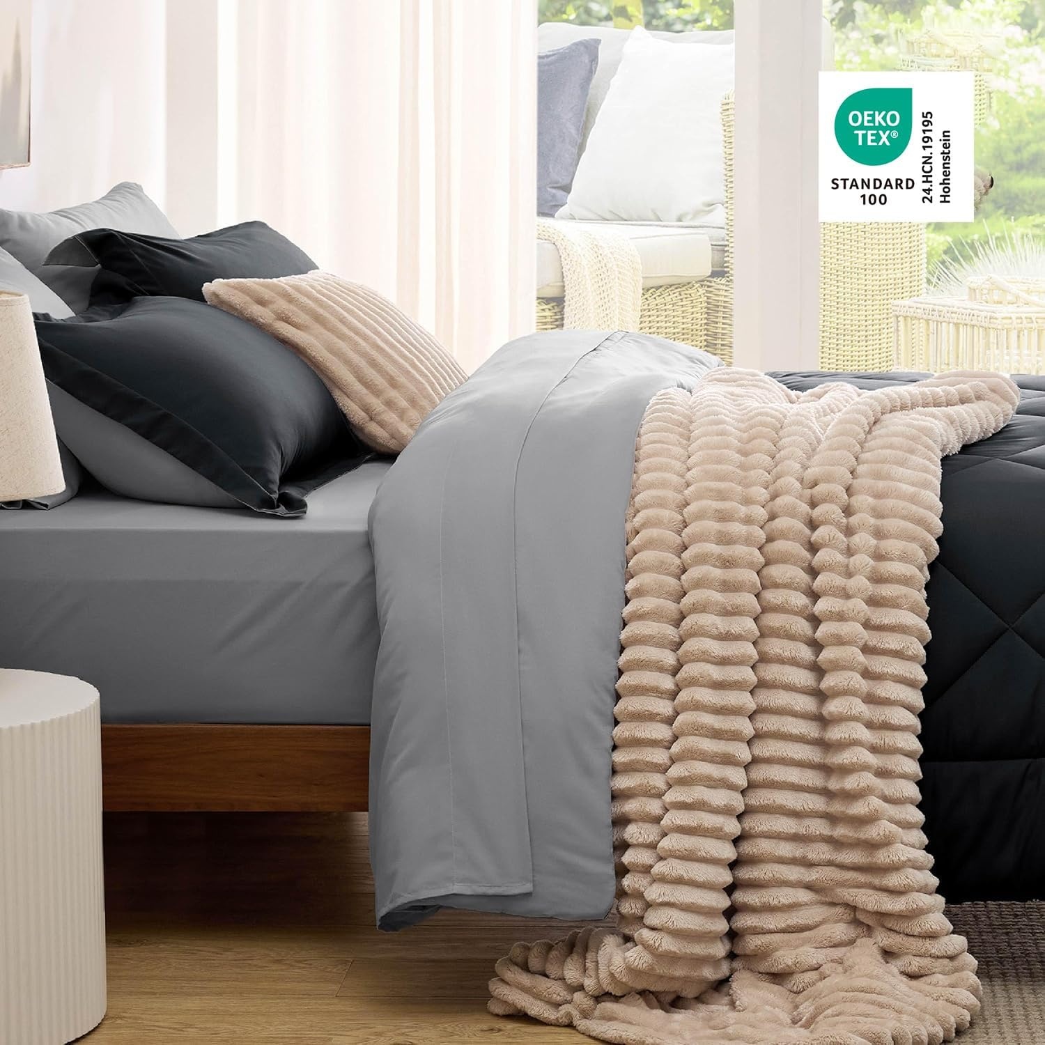 image:imageBedsure Twin XL Comforter 5 Pieces Reversible Blush Pink Bed in a Bag Twin XL Bedding Comforter Set College Dorm Essentials with 1 Flat Sheet 1 Fitted Sheet 1 Pillowcase and 1 Pillow Sham03 BlackSilver Grey