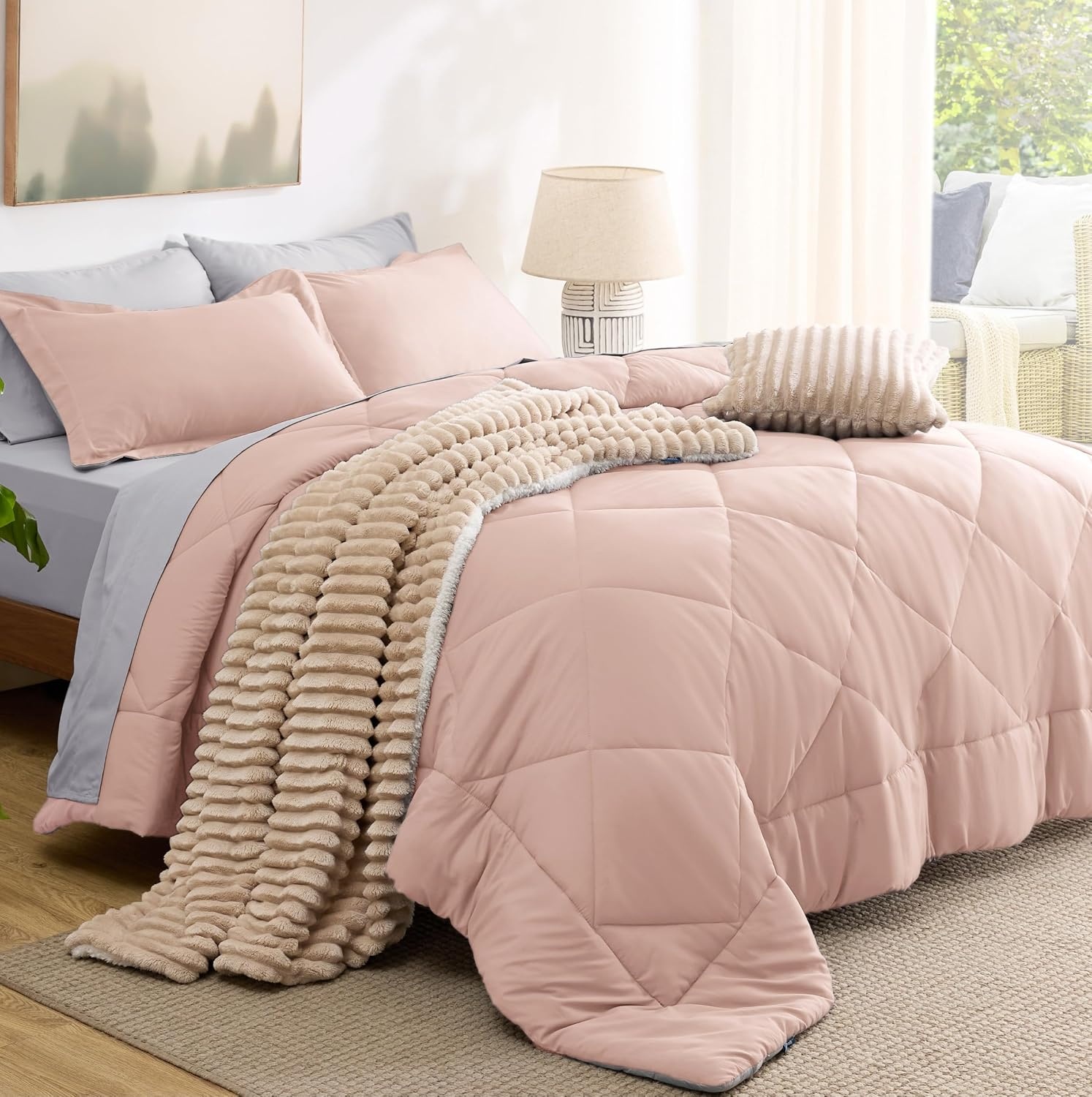 image:imageBedsure Twin XL Comforter 5 Pieces Reversible Blush Pink Bed in a Bag Twin XL Bedding Comforter Set College Dorm Essentials with 1 Flat Sheet 1 Fitted Sheet 1 Pillowcase and 1 Pillow Sham20 Blush PinkLight Grey