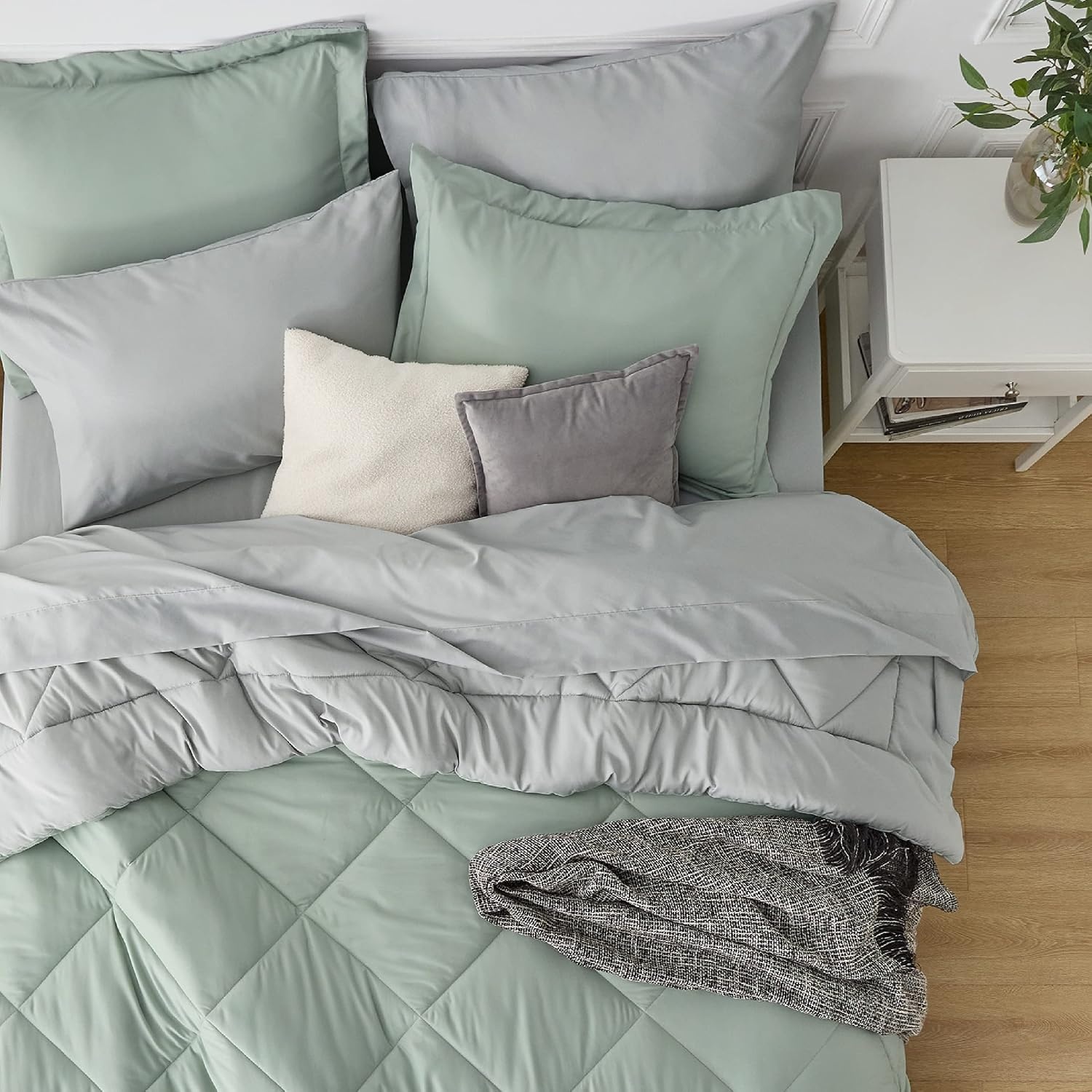 image:imageBedsure Twin XL Comforter 5 Pieces Reversible Blush Pink Bed in a Bag Twin XL Bedding Comforter Set College Dorm Essentials with 1 Flat Sheet 1 Fitted Sheet 1 Pillowcase and 1 Pillow Sham11 Sage GreenLight Grey