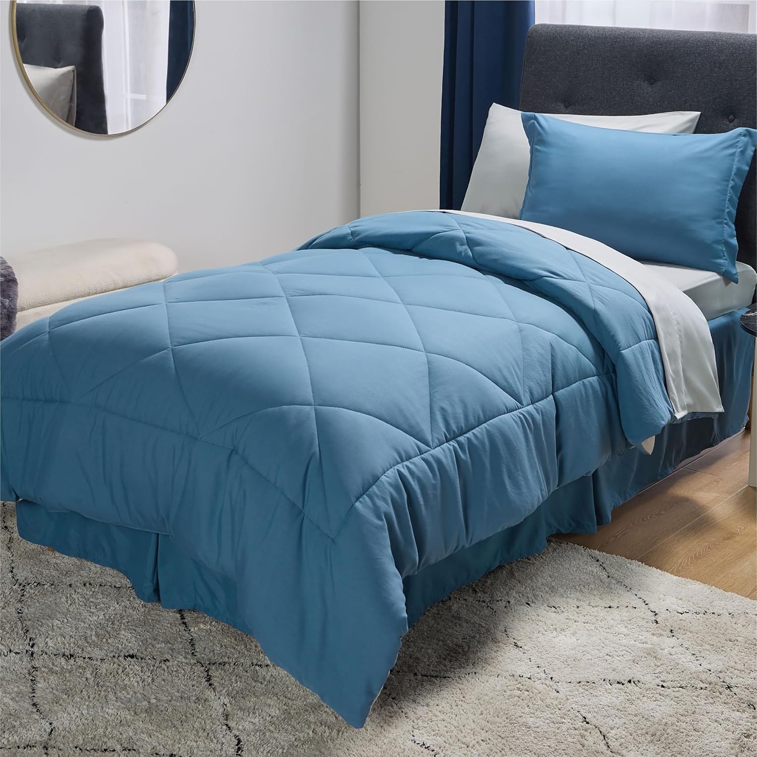 image:imageBedsure Twin XL Comforter 5 Pieces Reversible Blush Pink Bed in a Bag Twin XL Bedding Comforter Set College Dorm Essentials with 1 Flat Sheet 1 Fitted Sheet 1 Pillowcase and 1 Pillow Sham12 Slate BlueLight Grey