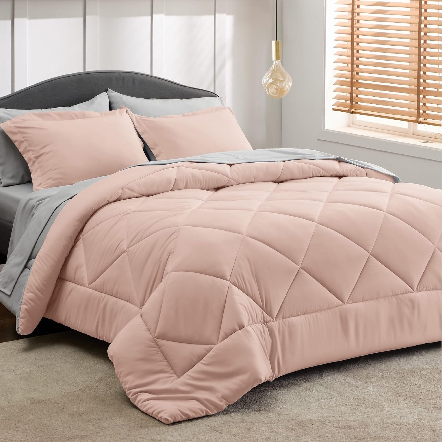 image:imageBedsure Twin XL Comforter 5 Pieces Reversible Blush Pink Bed in a Bag Twin XL Bedding Comforter Set College Dorm Essentials with 1 Flat Sheet 1 Fitted Sheet 1 Pillowcase and 1 Pillow Sham20 Blush PinkLight Grey