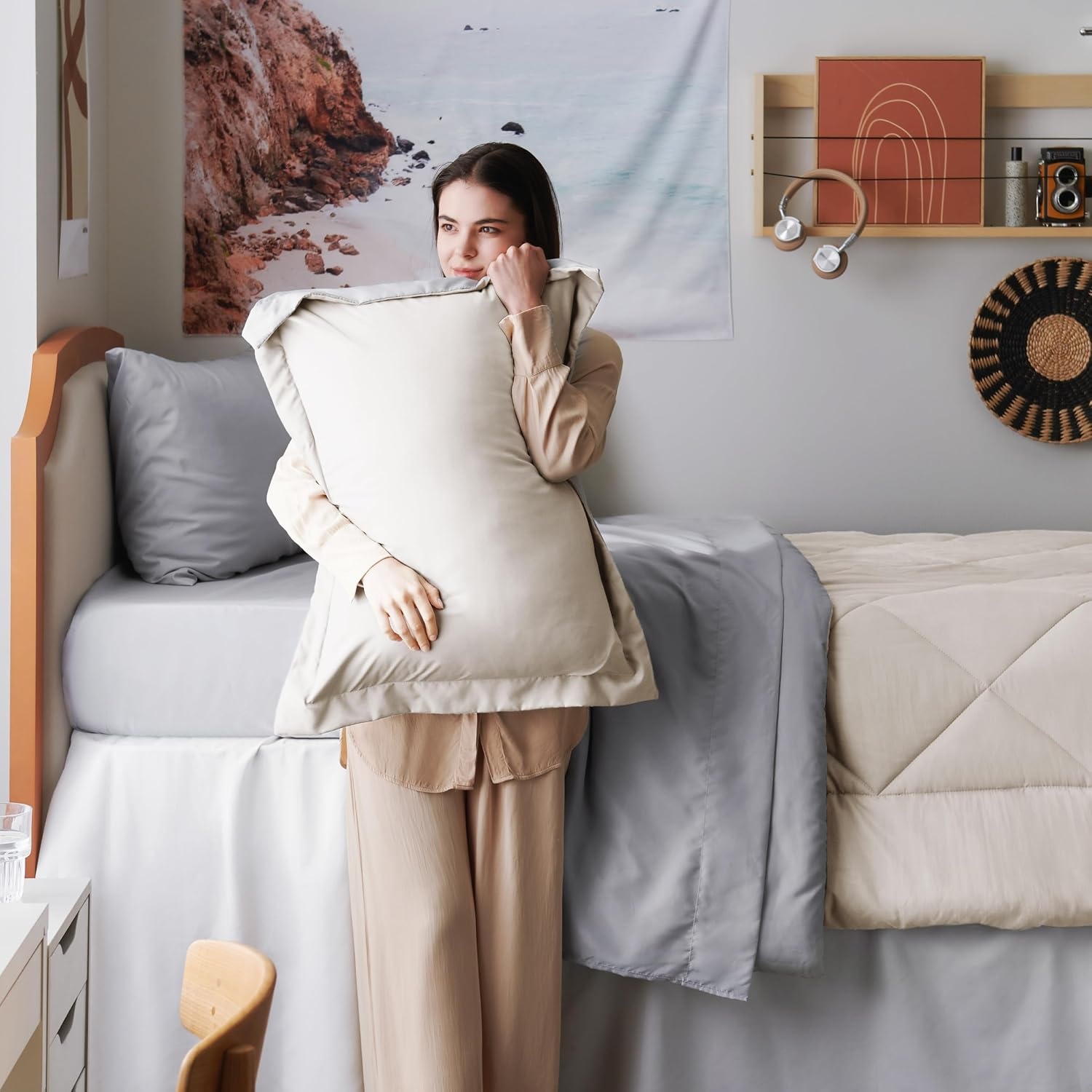 image:imageBedsure Twin XL Comforter 5 Pieces Reversible Blush Pink Bed in a Bag Twin XL Bedding Comforter Set College Dorm Essentials with 1 Flat Sheet 1 Fitted Sheet 1 Pillowcase and 1 Pillow Sham16 BeigeSilver Grey