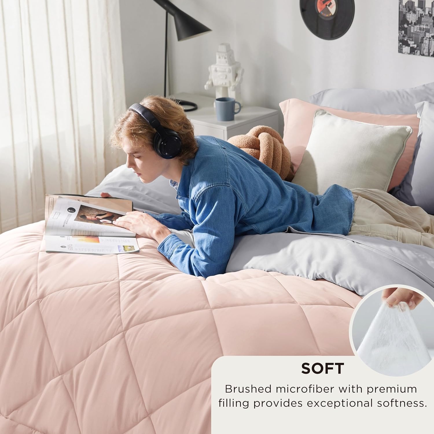 image:imageBedsure Twin XL Comforter 5 Pieces Reversible Blush Pink Bed in a Bag Twin XL Bedding Comforter Set College Dorm Essentials with 1 Flat Sheet 1 Fitted Sheet 1 Pillowcase and 1 Pillow Sham20 Blush PinkLight Grey