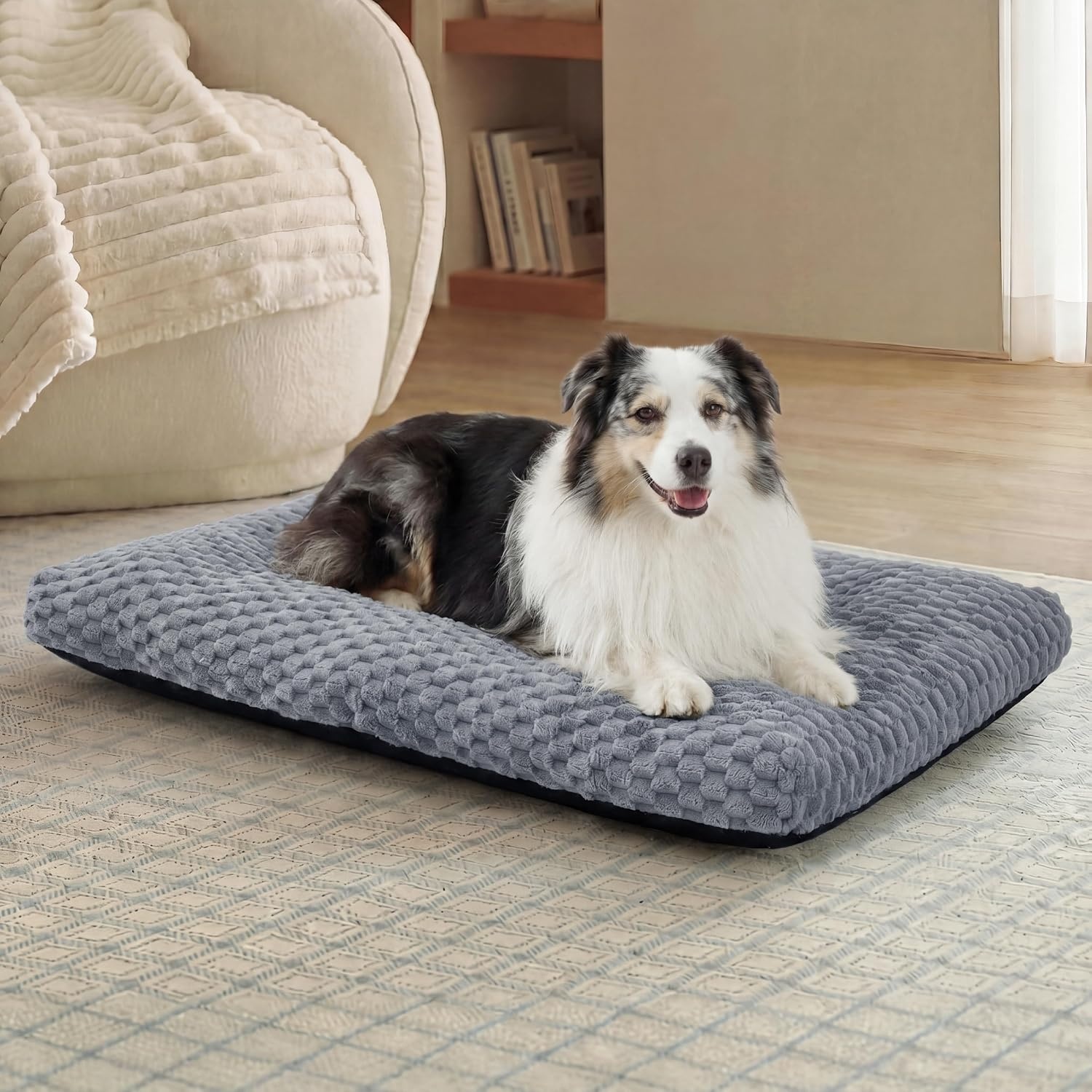 image:imageBedsure Washable Dog Bed for Crate Large Sized Dog Soft Bubble Fleece 35 Fluffy and Cozy Pet Mat for Deep SleepNonSlip and Machine Washable Kennel Pad for CrateFloorCar35x23x35GreyGrey