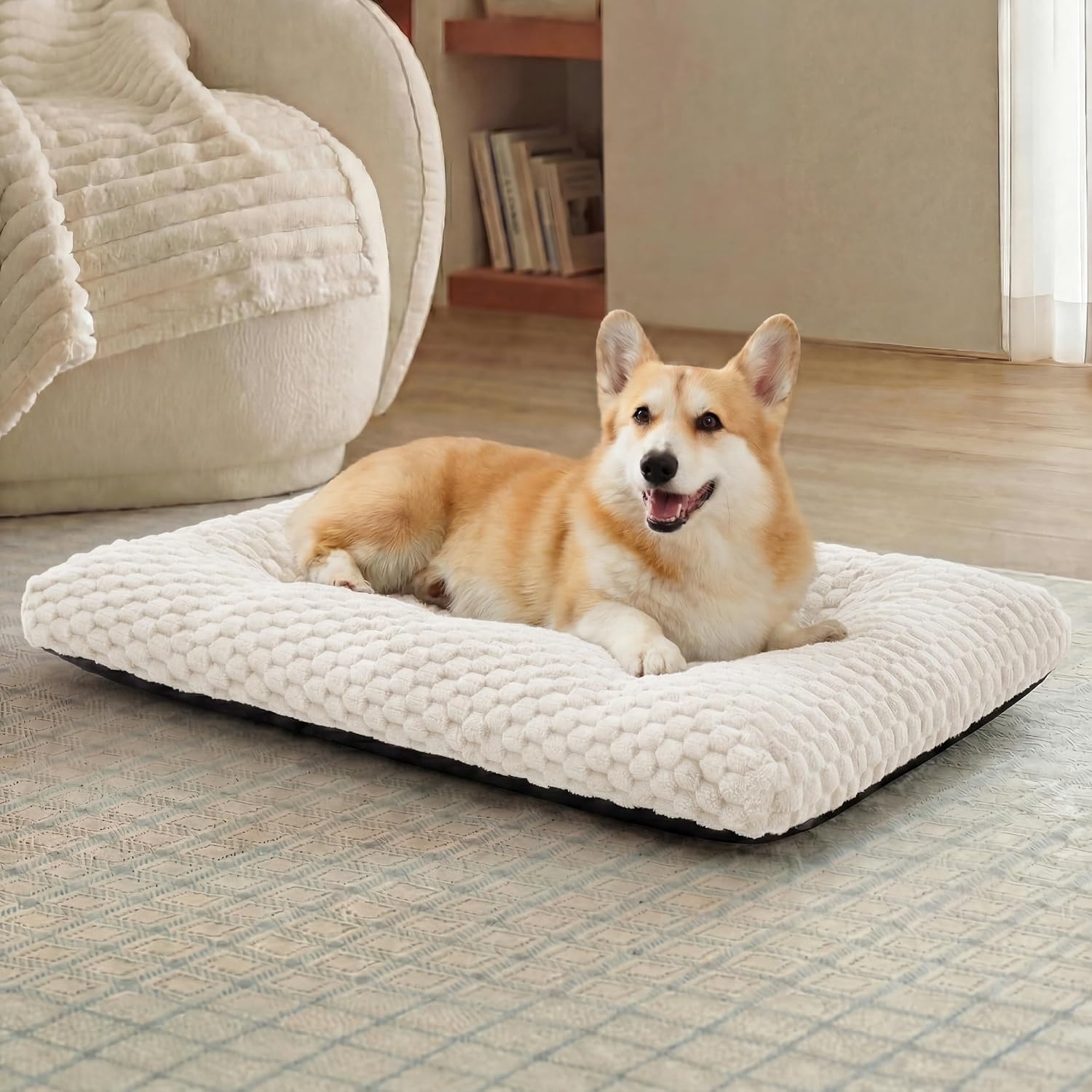 image:imageBedsure Washable Dog Bed for Crate Large Sized Dog Soft Bubble Fleece 35 Fluffy and Cozy Pet Mat for Deep SleepNonSlip and Machine Washable Kennel Pad for CrateFloorCar35x23x35GreyBeige