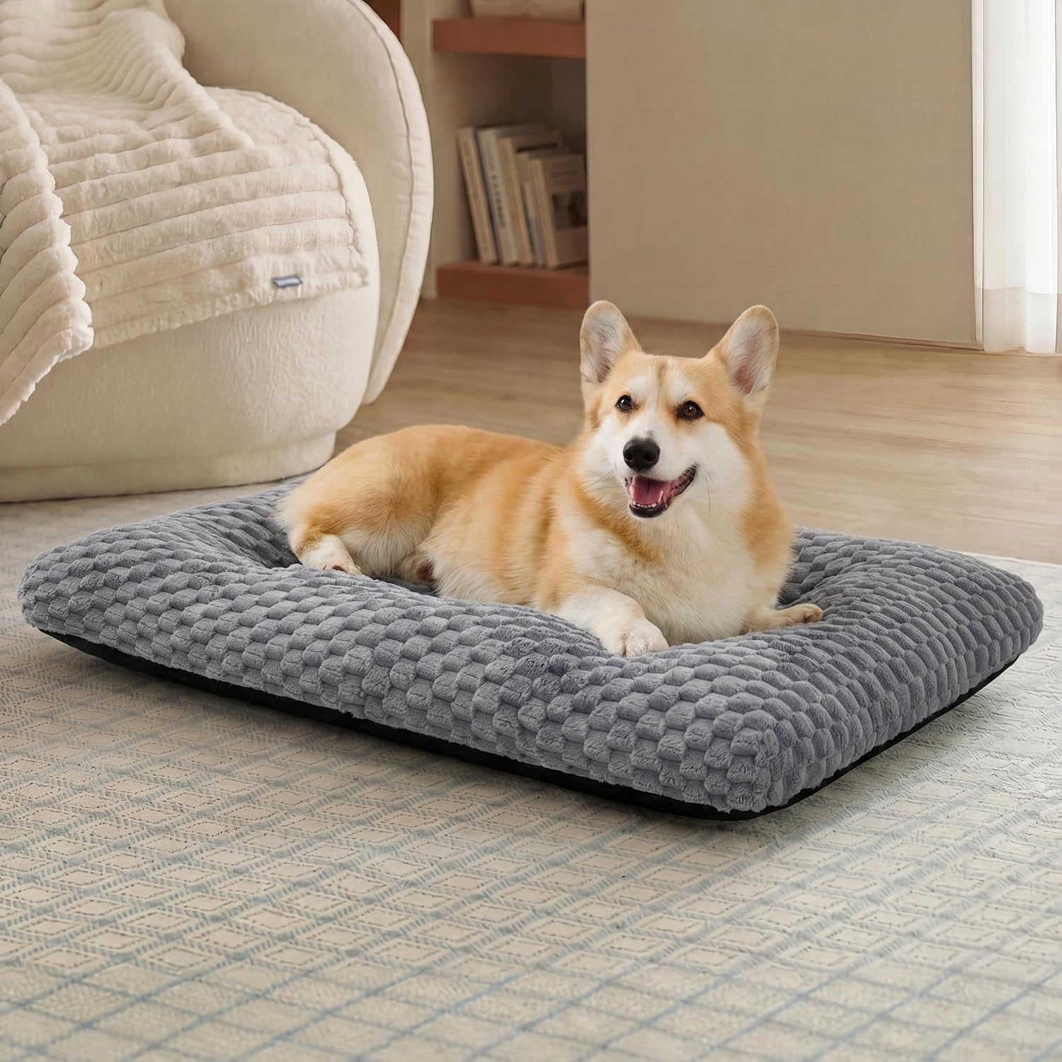 image:imageBedsure Washable Dog Bed for Crate Large Sized Dog Soft Bubble Fleece 35 Fluffy and Cozy Pet Mat for Deep SleepNonSlip and Machine Washable Kennel Pad for CrateFloorCar35x23x35GreyGrey