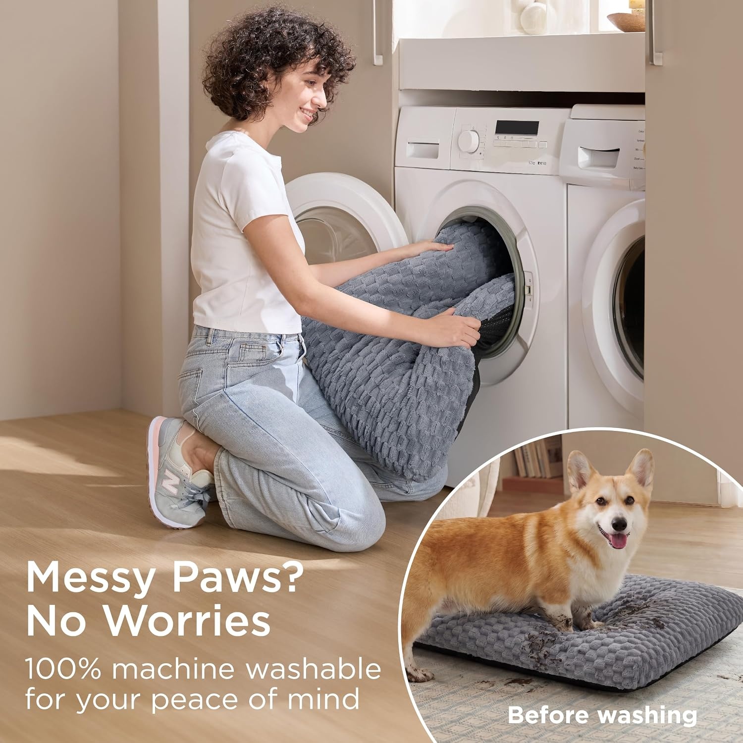 image:imageBedsure Washable Dog Bed for Crate Large Sized Dog Soft Bubble Fleece 35 Fluffy and Cozy Pet Mat for Deep SleepNonSlip and Machine Washable Kennel Pad for CrateFloorCar35x23x35GreyGrey