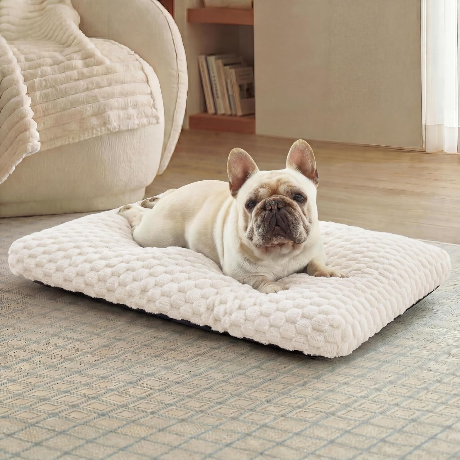 image:imageBedsure Washable Dog Bed for Crate Large Sized Dog Soft Bubble Fleece 35 Fluffy and Cozy Pet Mat for Deep SleepNonSlip and Machine Washable Kennel Pad for CrateFloorCar35x23x35GreyBeige