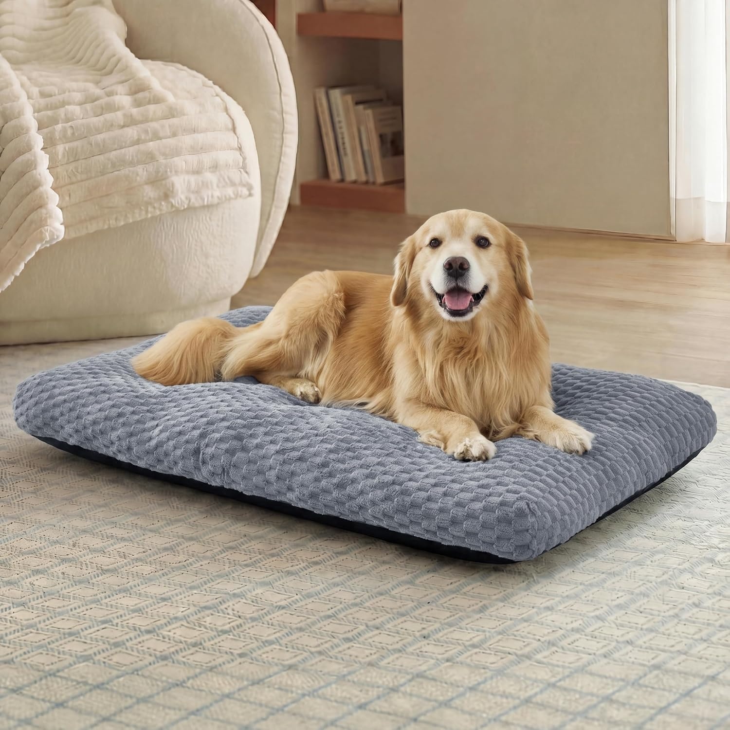 image:imageBedsure Washable Dog Bed for Crate Large Sized Dog Soft Bubble Fleece 35 Fluffy and Cozy Pet Mat for Deep SleepNonSlip and Machine Washable Kennel Pad for CrateFloorCar35x23x35GreyGrey