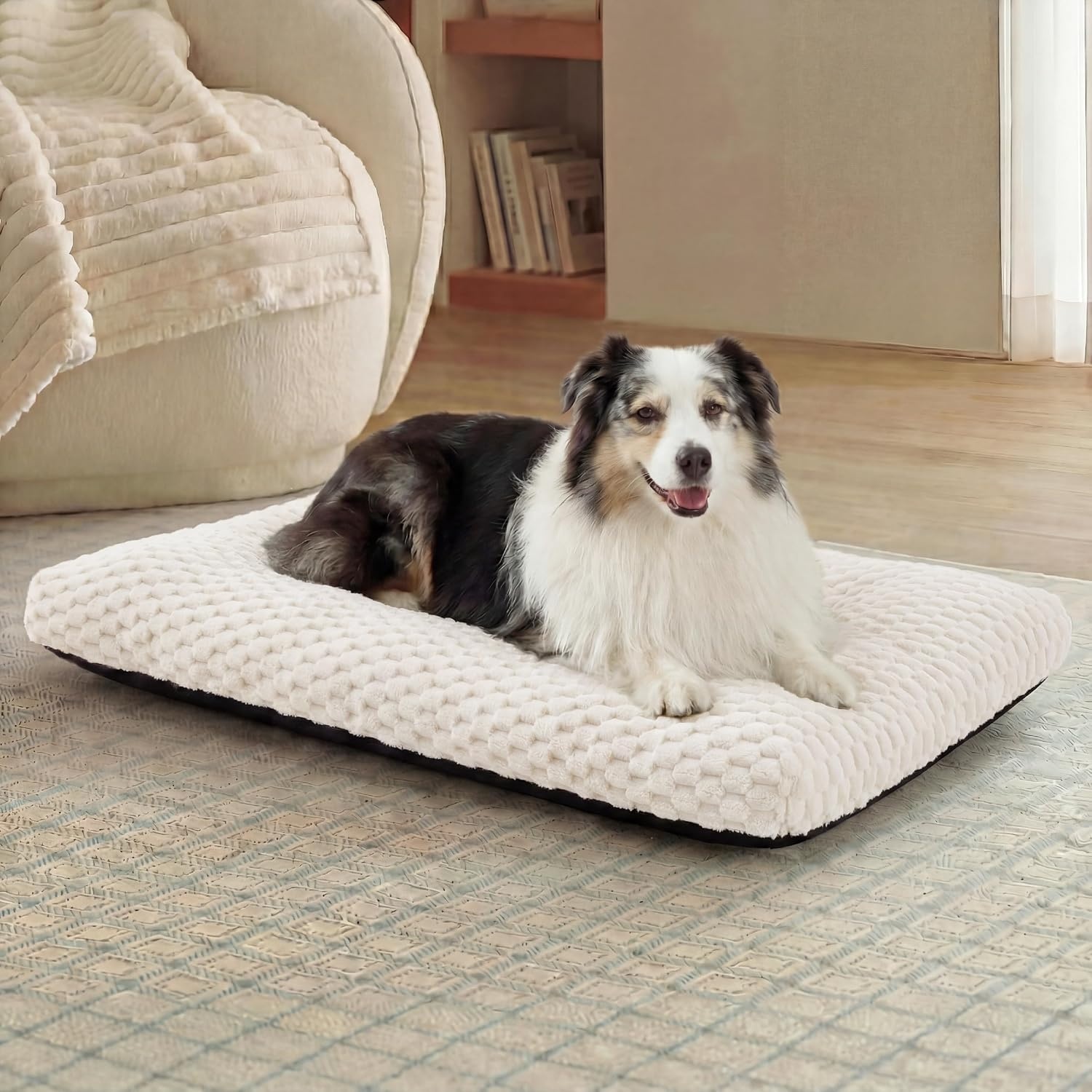 image:imageBedsure Washable Dog Bed for Crate Large Sized Dog Soft Bubble Fleece 35 Fluffy and Cozy Pet Mat for Deep SleepNonSlip and Machine Washable Kennel Pad for CrateFloorCar35x23x35GreyBeige