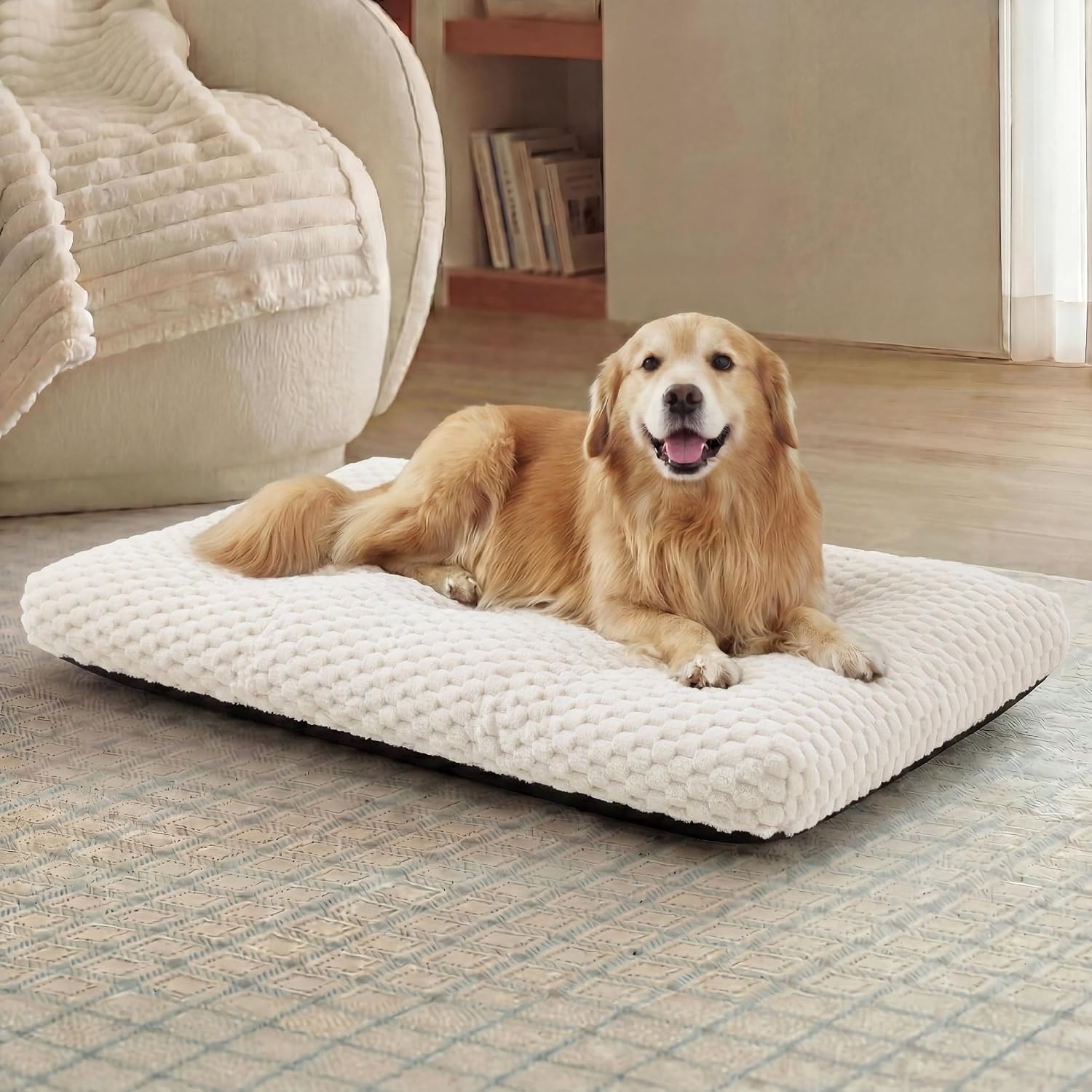 image:imageBedsure Washable Dog Bed for Crate Large Sized Dog Soft Bubble Fleece 35 Fluffy and Cozy Pet Mat for Deep SleepNonSlip and Machine Washable Kennel Pad for CrateFloorCar35x23x35GreyBeige