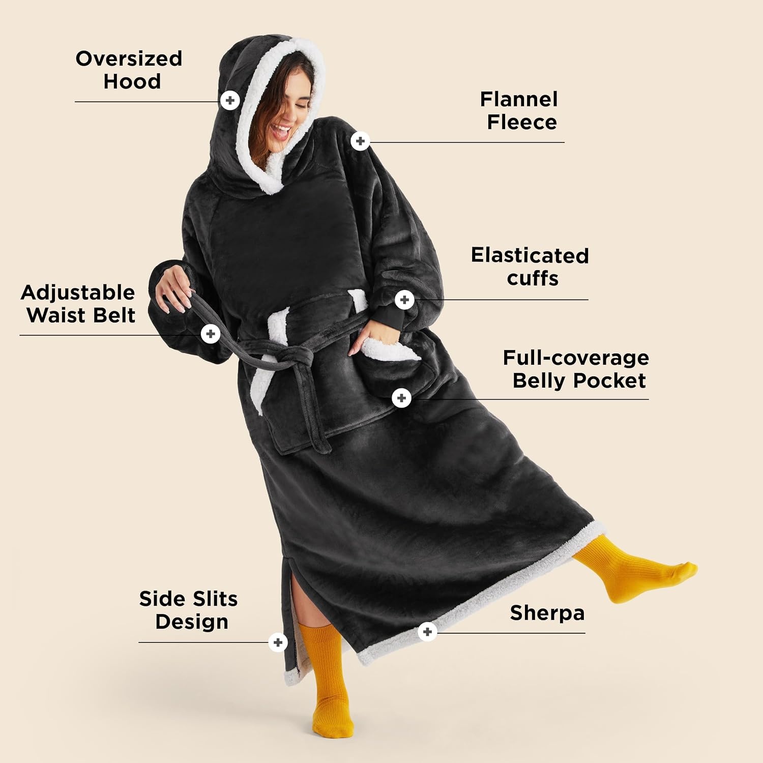 image:imageBedsure Wearable Blanket Hoodie Long Hooded Blanket Sweatshirt as Birthday Gifts for Women and Men Cozy Sherpa Hoodie for Adult Standard GreyCharcoal