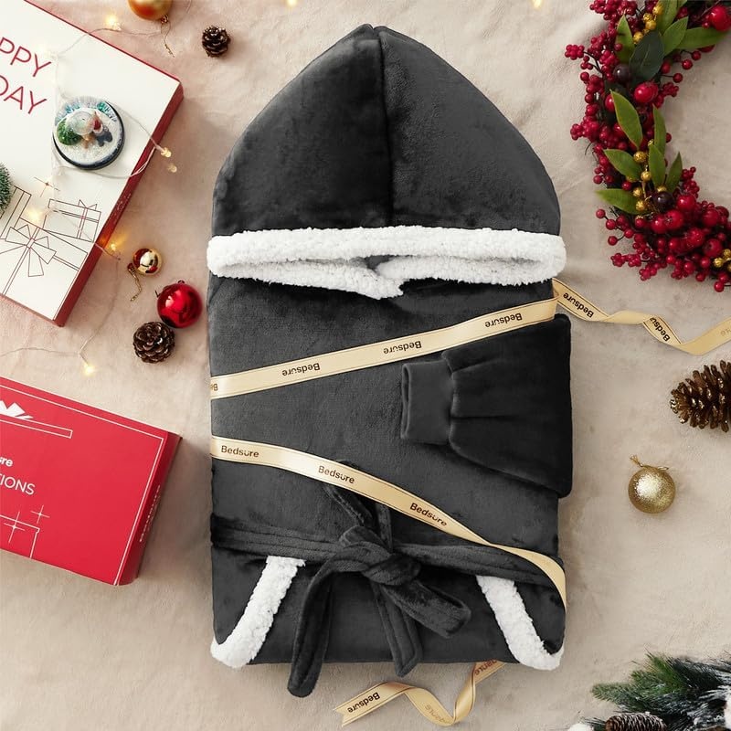 image:imageBedsure Wearable Blanket Hoodie Long Hooded Blanket Sweatshirt as Birthday Gifts for Women and Men Cozy Sherpa Hoodie for Adult Standard GreyCharcoal