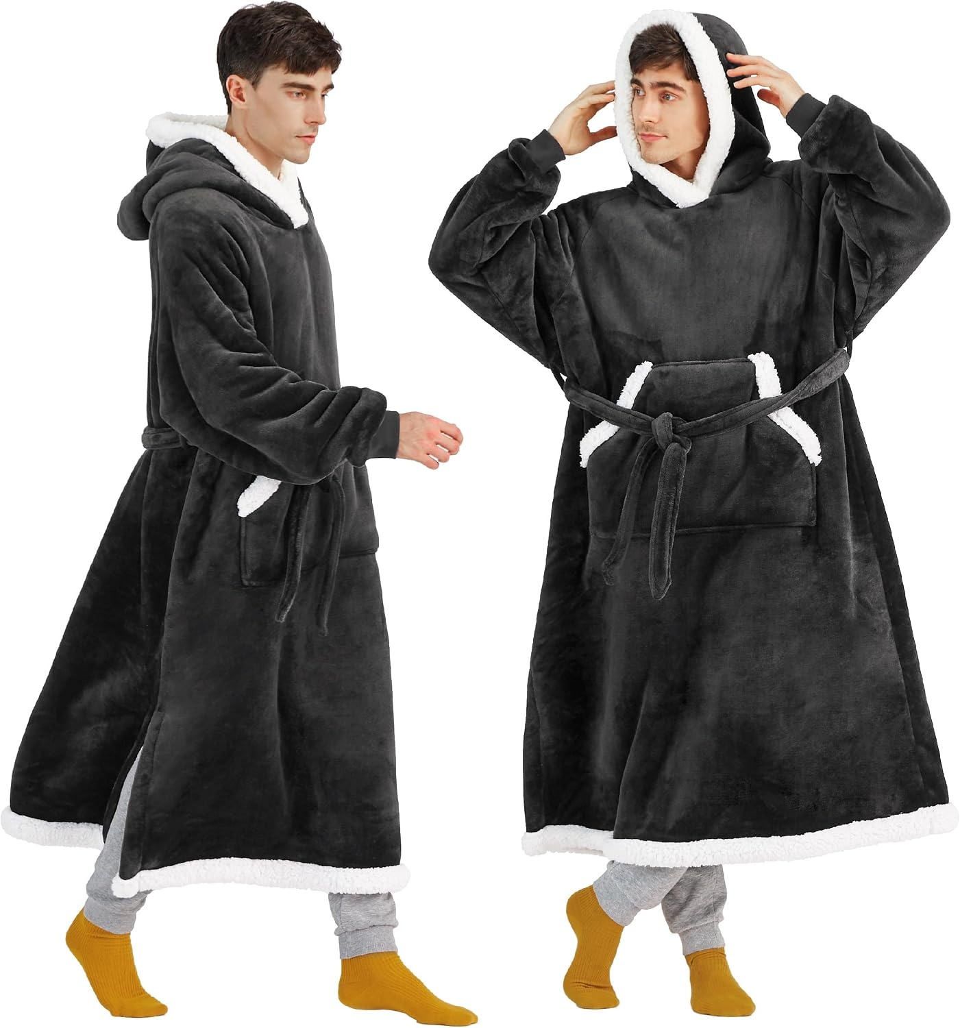 image:imageBedsure Wearable Blanket Hoodie Long Hooded Blanket Sweatshirt as Birthday Gifts for Women and Men Cozy Sherpa Hoodie for Adult Standard GreyCharcoal