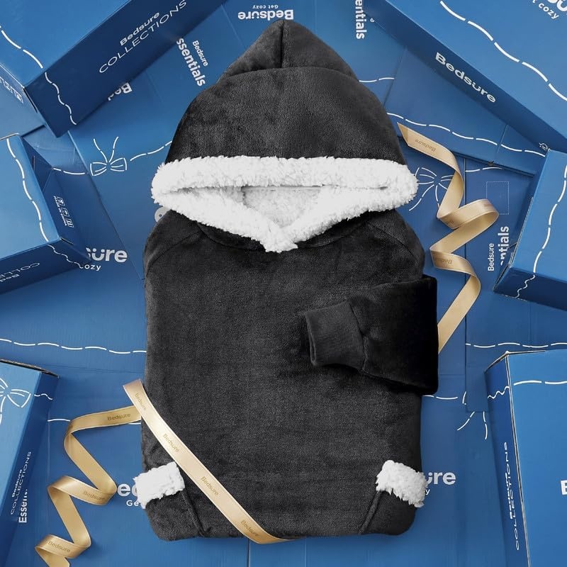image:imageBedsure Wearable Blanket Hoodie Long Hooded Blanket Sweatshirt as Birthday Gifts for Women and Men Cozy Sherpa Hoodie for Adult Standard GreyCharcoal