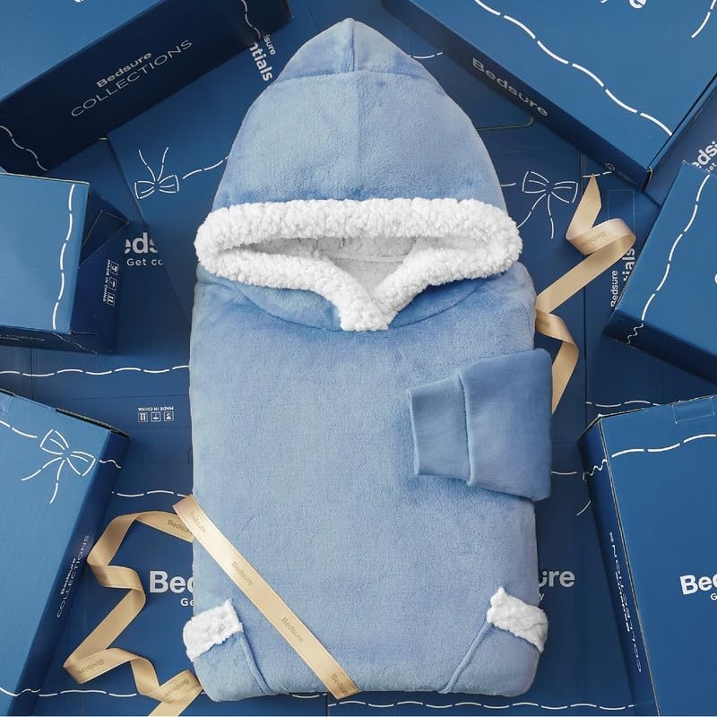 image:imageBedsure Wearable Blanket Hoodie Long Hooded Blanket Sweatshirt as Birthday Gifts for Women and Men Cozy Sherpa Hoodie for Adult Standard GreyDream Blue