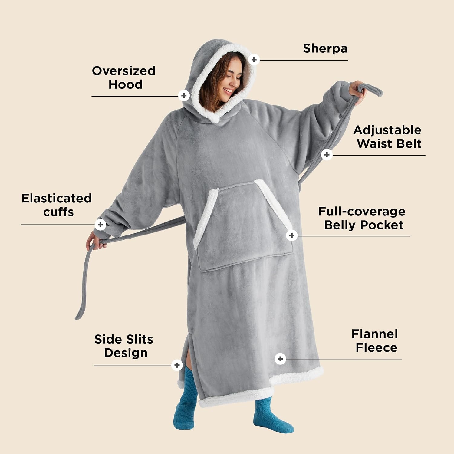 image:imageBedsure Wearable Blanket Hoodie Long Hooded Blanket Sweatshirt as Birthday Gifts for Women and Men Cozy Sherpa Hoodie for Adult Standard GreyGrey