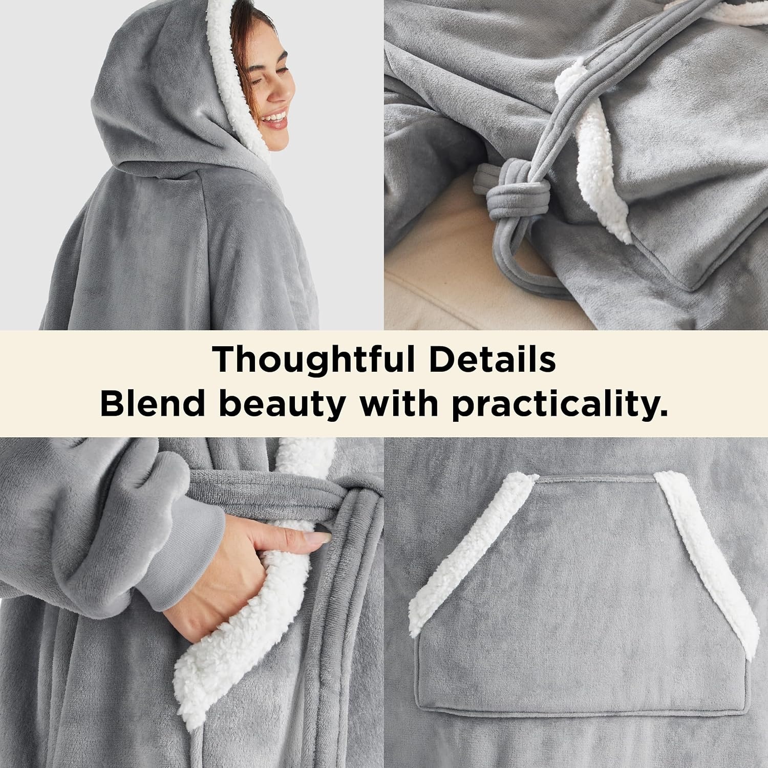 image:imageBedsure Wearable Blanket Hoodie Long Hooded Blanket Sweatshirt as Birthday Gifts for Women and Men Cozy Sherpa Hoodie for Adult Standard GreyGrey