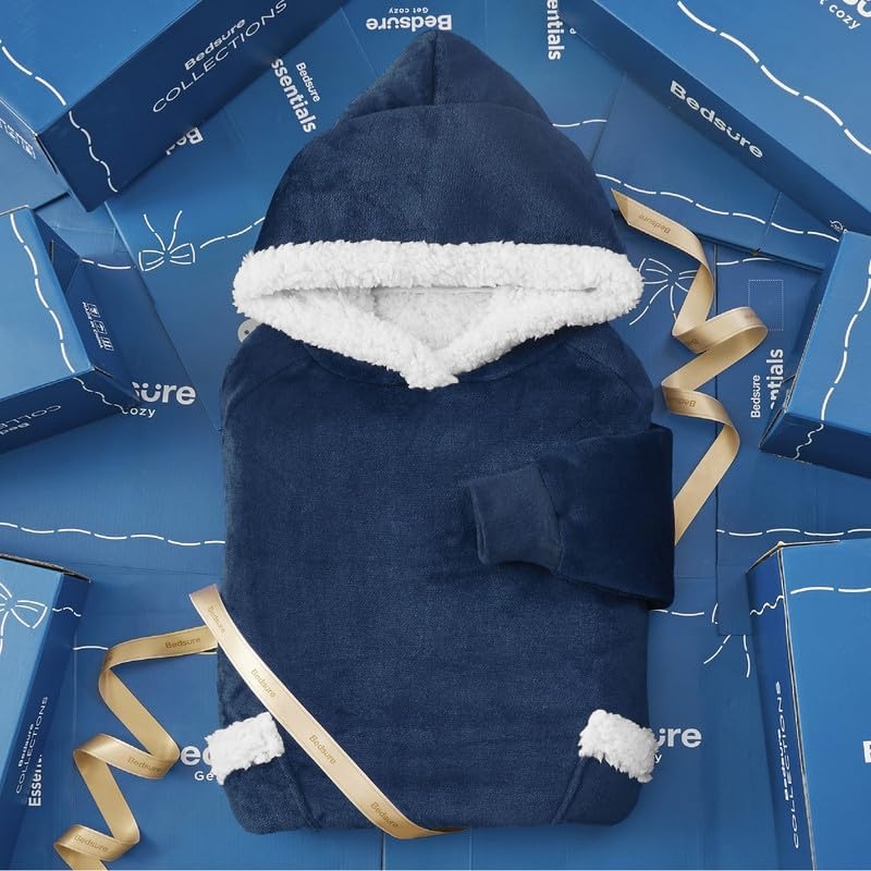 image:imageBedsure Wearable Blanket Hoodie Long Hooded Blanket Sweatshirt as Birthday Gifts for Women and Men Cozy Sherpa Hoodie for Adult Standard GreyNavy