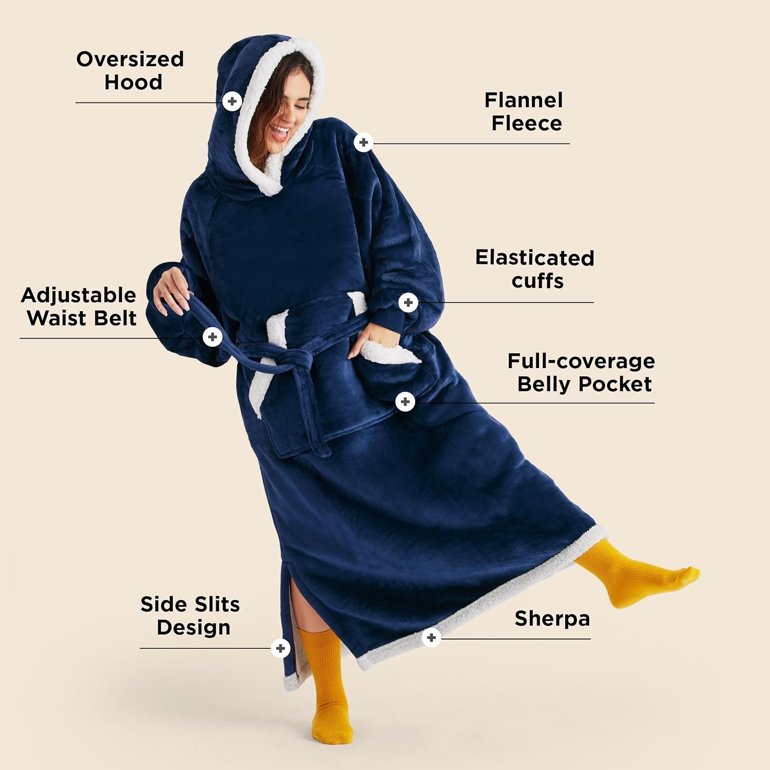 image:imageBedsure Wearable Blanket Hoodie Long Hooded Blanket Sweatshirt as Birthday Gifts for Women and Men Cozy Sherpa Hoodie for Adult Standard GreyNavy