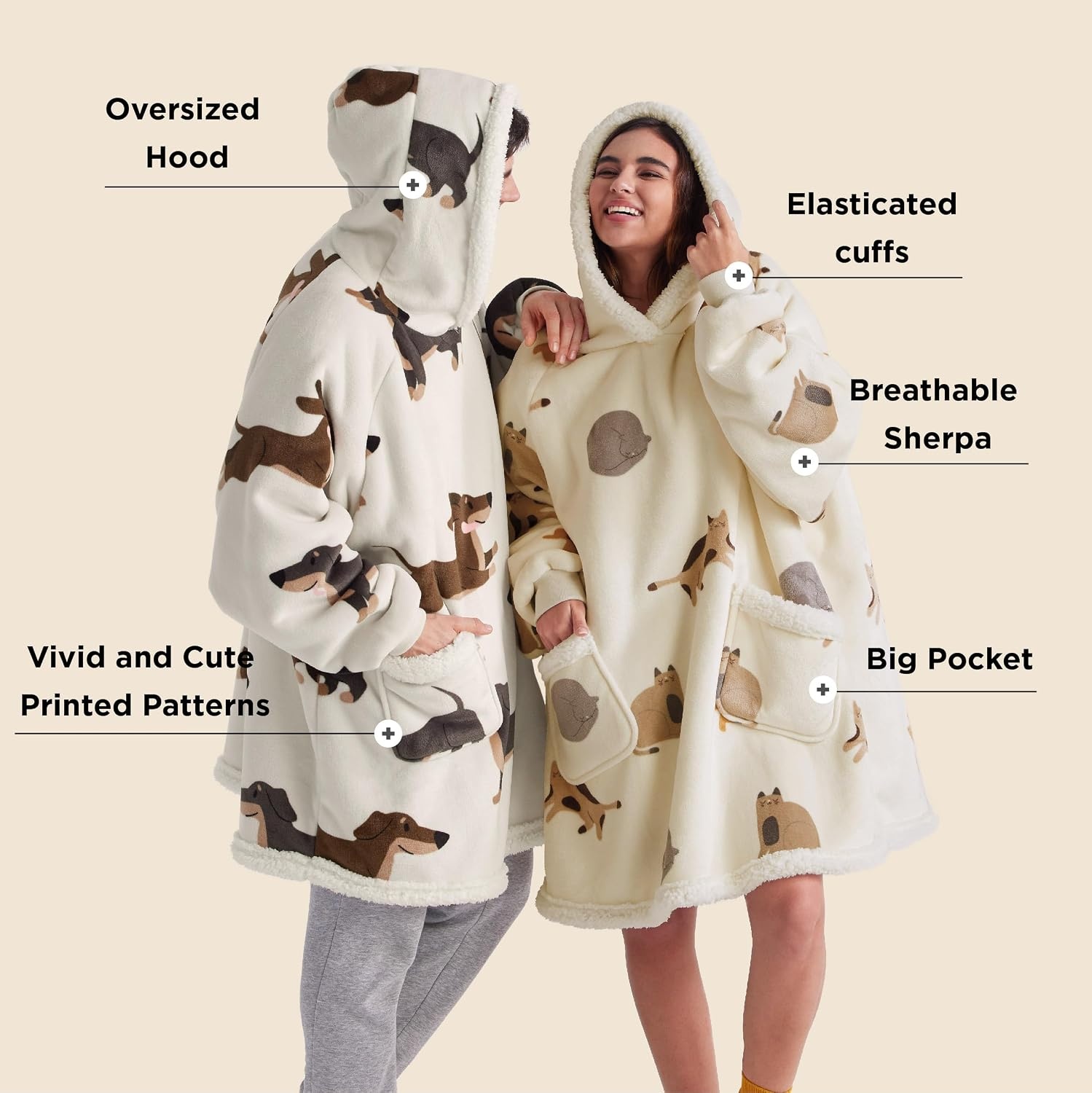 image:imageBedsure Wearable Blanket Sherpa Printed Hoodie Cat Gift for Women Light Beige Warm Soft Cozy Sherpa Fleece Gifts for Cat Lovers Cat Gifts for WomenGrey