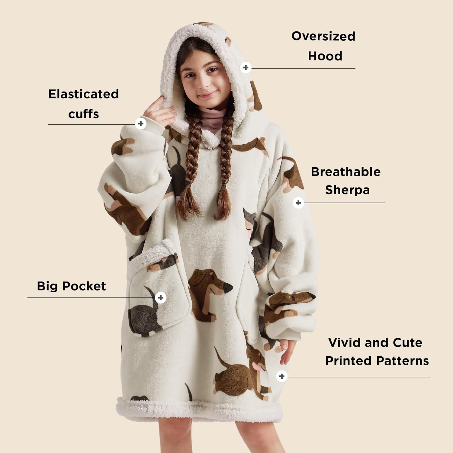 image:imageBedsure Wearable Blanket Sherpa Printed Hoodie Cat Gift for Women Light Beige Warm Soft Cozy Sherpa Fleece Gifts for Cat Lovers Cat Gifts for WomenGrey