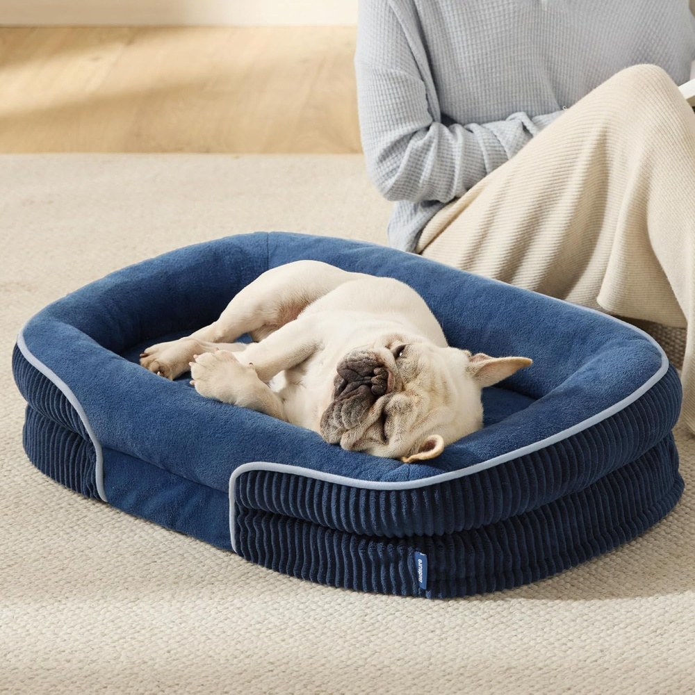 image:imageBedsure 360Oval Bolster Orthopedic Dog Bed Medium Size Dog30 Blue EggCrate Foam for Senior Dogs Big Comfort Pet Sofa Couch with UltraSoft Fleece Waterproof Washable CoverNavy Blue