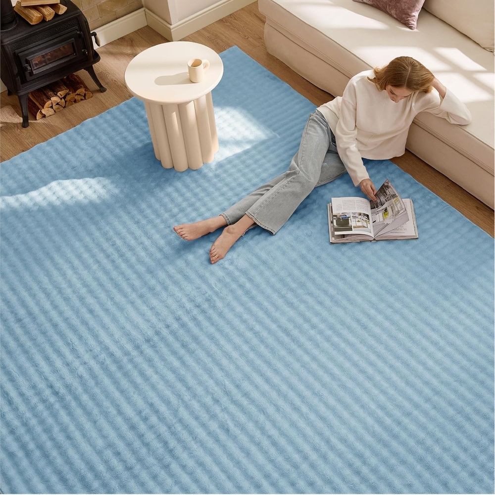 image:imageBedsure 8x10 Printed JuteLook Living Room Rug Machine Washable NonSlip Soft Faux Cashmere Feel Realistic JuteLook Print NonShedding LowPile 4 Grip Pads Included Pet amp Kids Friendly05 Blue