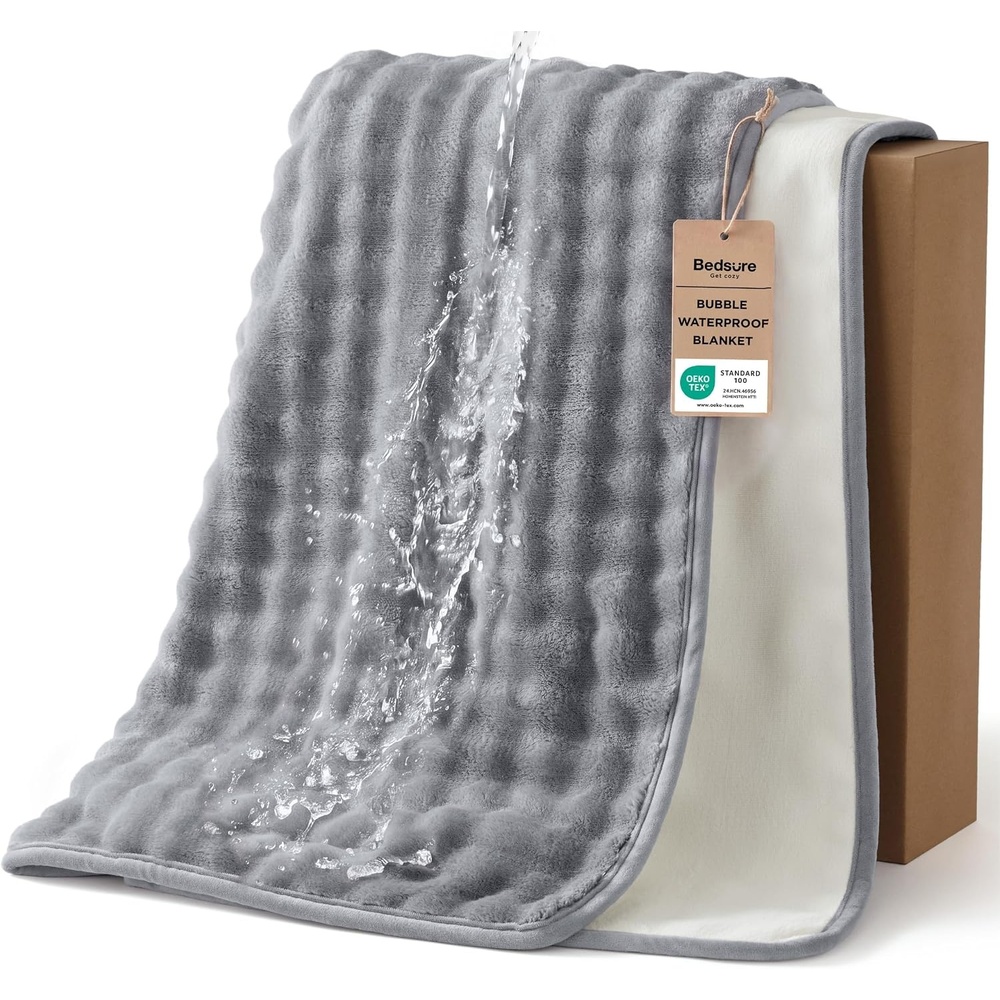 image:imageBedsure Bubble Waterproof Blanket for Bed  Soft Fleece Reversible Dog Blankets for Large Dogs Waterproof Couch Sofa Cover Bed Protector PinkBeige Queen 90x90 inchesGreyWhite