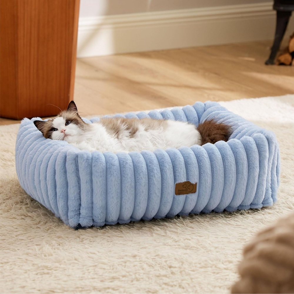 image:imageBedsure ComfyFleece Cute Dog Bed for Small Medium Dogs Washable25in Cream Furry Puppy BedsSquare Rectangle Orthopedic Corduroy Aesthetic Pet BedsRemovable Zipper CoverNonSlip BottomUp to 15 LbsBlue