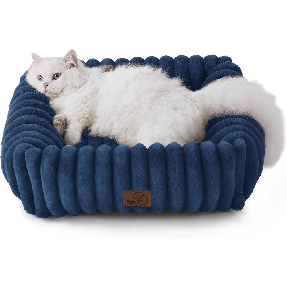 image:imageBedsure ComfyFleece Cute Dog Bed for Small Medium Dogs Washable25in Cream Furry Puppy BedsSquare Rectangle Orthopedic Corduroy Aesthetic Pet BedsRemovable Zipper CoverNonSlip BottomUp to 15 LbsNight Blue