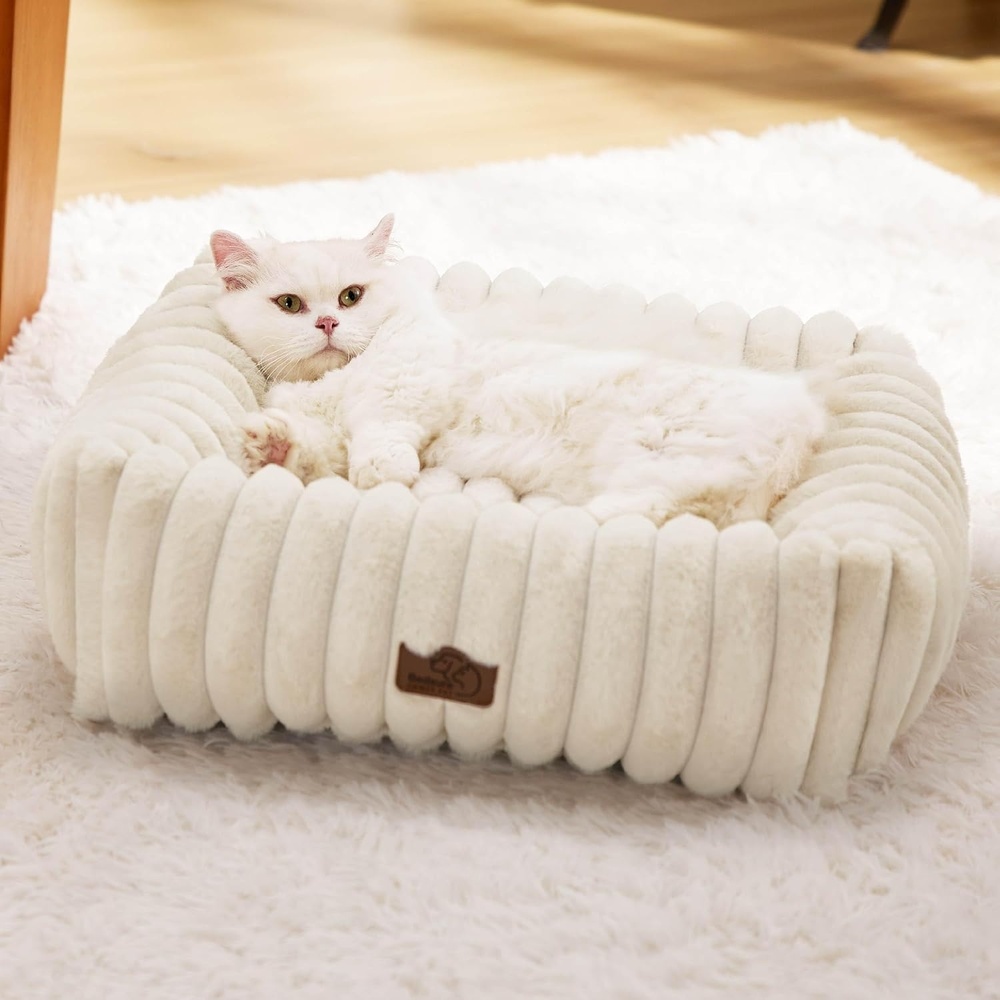 image:imageBedsure ComfyFleece Cute Dog Bed for Small Medium Dogs Washable25in Cream Furry Puppy BedsSquare Rectangle Orthopedic Corduroy Aesthetic Pet BedsRemovable Zipper CoverNonSlip BottomUp to 15 LbsCream