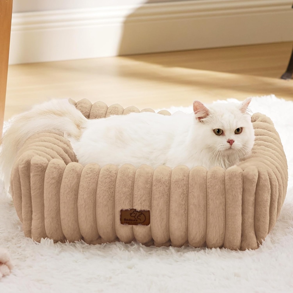 image:imageBedsure ComfyFleece Cute Dog Bed for Small Medium Dogs Washable25in Cream  Furry Puppy BedsSquare Rectangle Orthopedic Corduroy Aesthetic Pet BedsRemovable Zipper CoverNonSlip BottomUp to 15 LbsSandy Beige