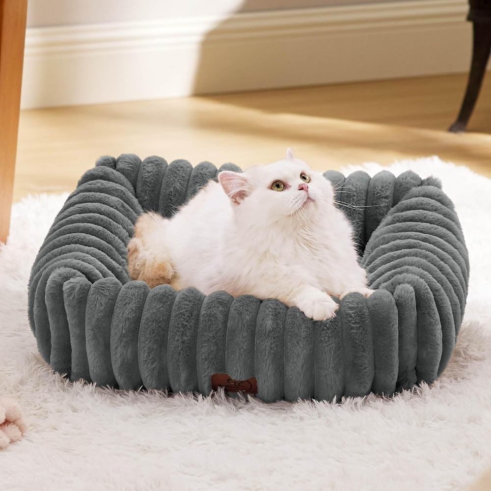 image:imageBedsure ComfyFleece Cute Dog Bed for Small Medium Dogs Washable25in Cream  Furry Puppy BedsSquare Rectangle Orthopedic Corduroy Aesthetic Pet BedsRemovable Zipper CoverNonSlip BottomUp to 15 LbsWarm Grey